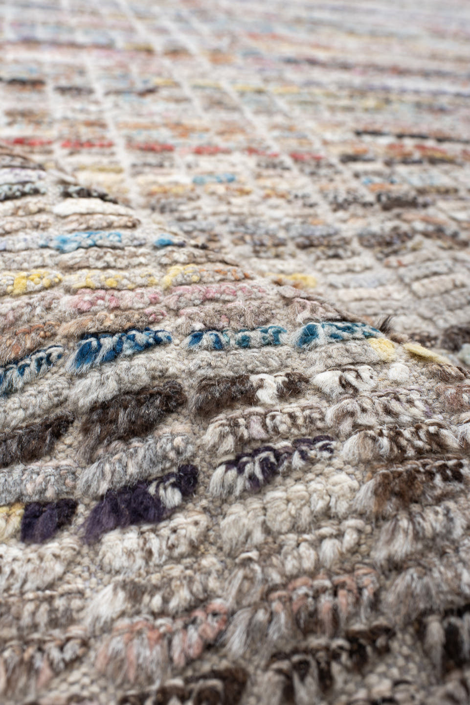 10' x 14' one-of-a-kind handmade vintage Tulu large size rug. Color palette: ivory, taupe, charcoal, sky blue, rust, cream