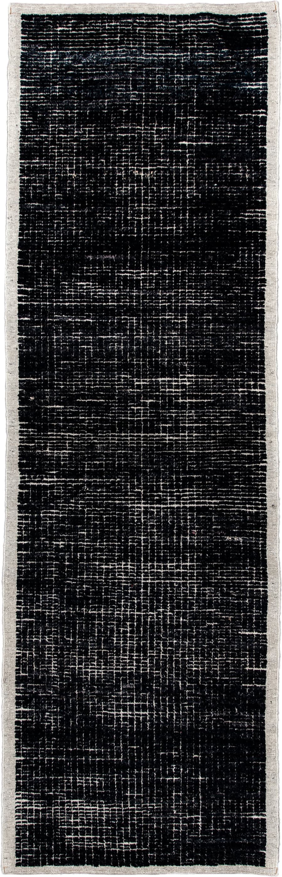 2' x 8' one-of-a-kind handmade vintage Tulu runner rug. Color palette: charcoal, ivory, gray, black