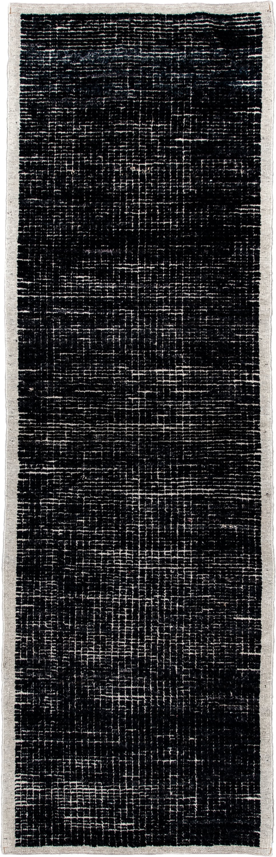 2' x 8' one-of-a-kind handmade vintage Tulu runner rug. Color palette: charcoal, ivory, gray, black