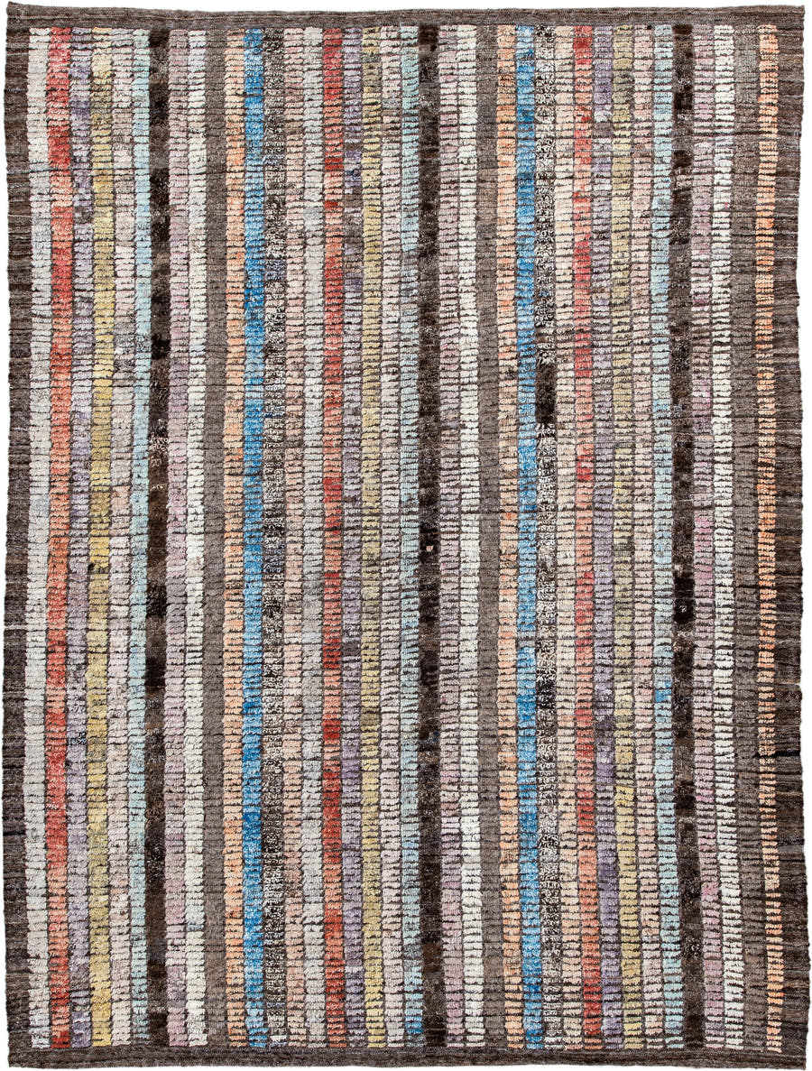 6' x 9' one-of-a-kind handmade vintage Tulu medium size rug. Color palette: brown, ivory, sky blue, coral, lavender, gold