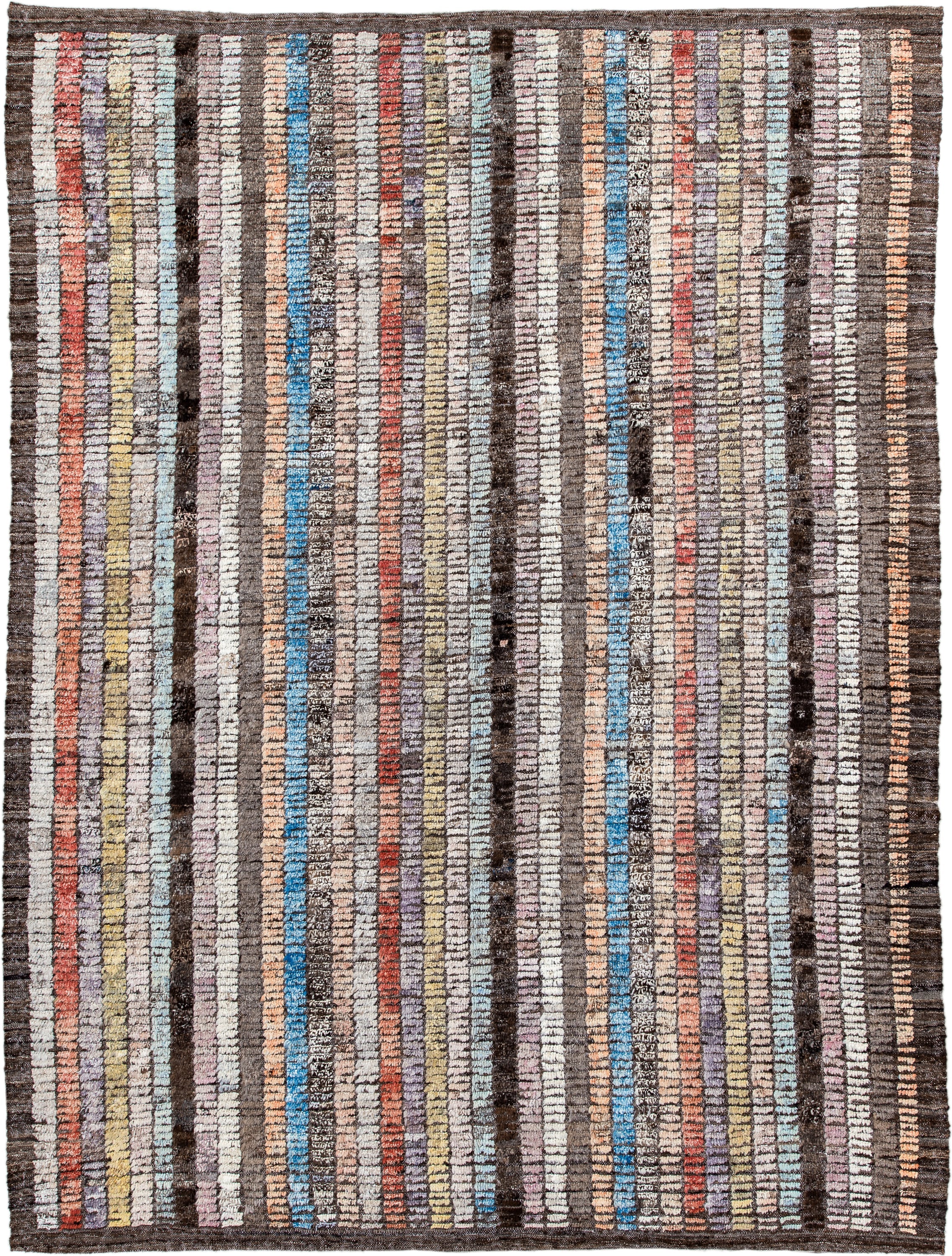 6' x 9' one-of-a-kind handmade vintage Tulu medium size rug. Color palette: brown, ivory, sky blue, coral, lavender, gold