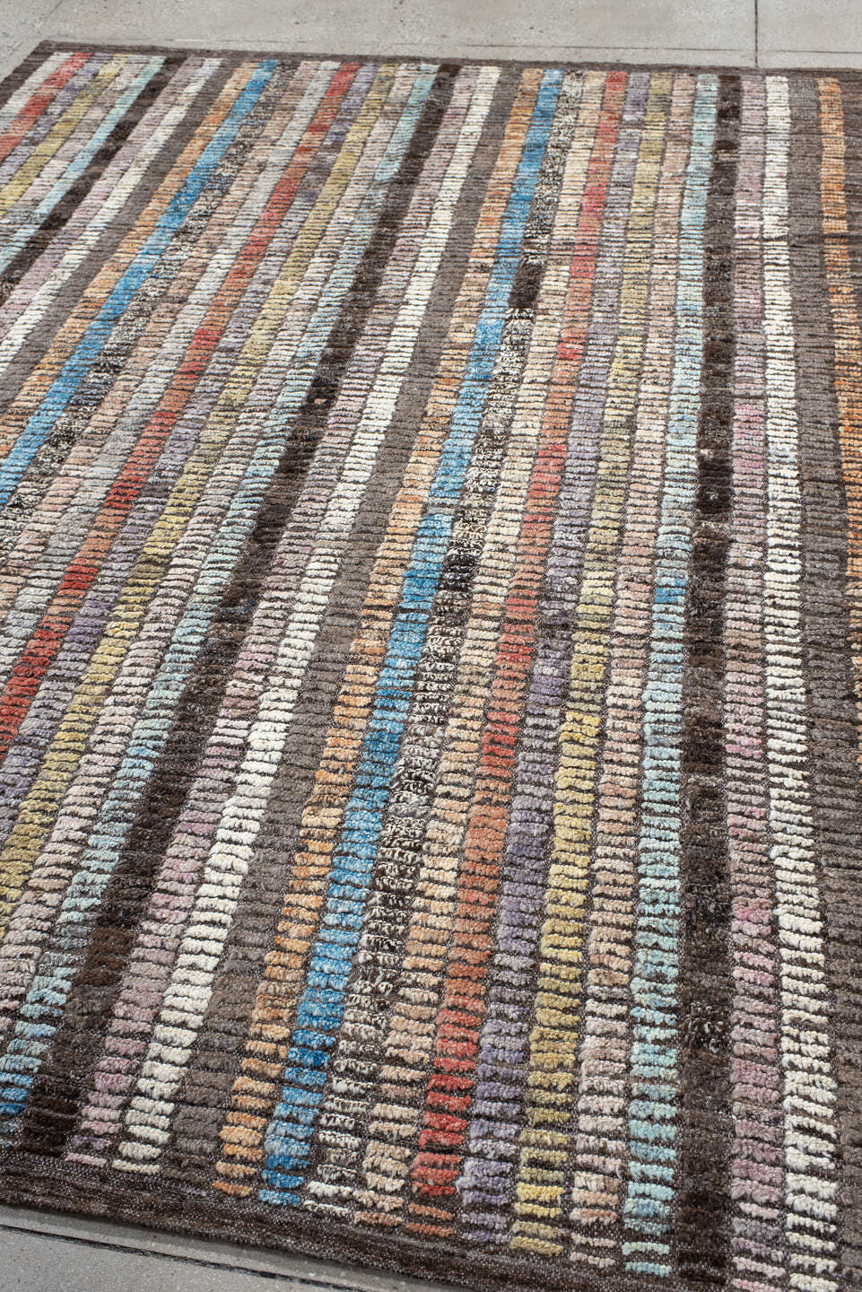 6' x 9' one-of-a-kind handmade vintage Tulu medium size rug. Color palette: brown, ivory, sky blue, coral, lavender, gold