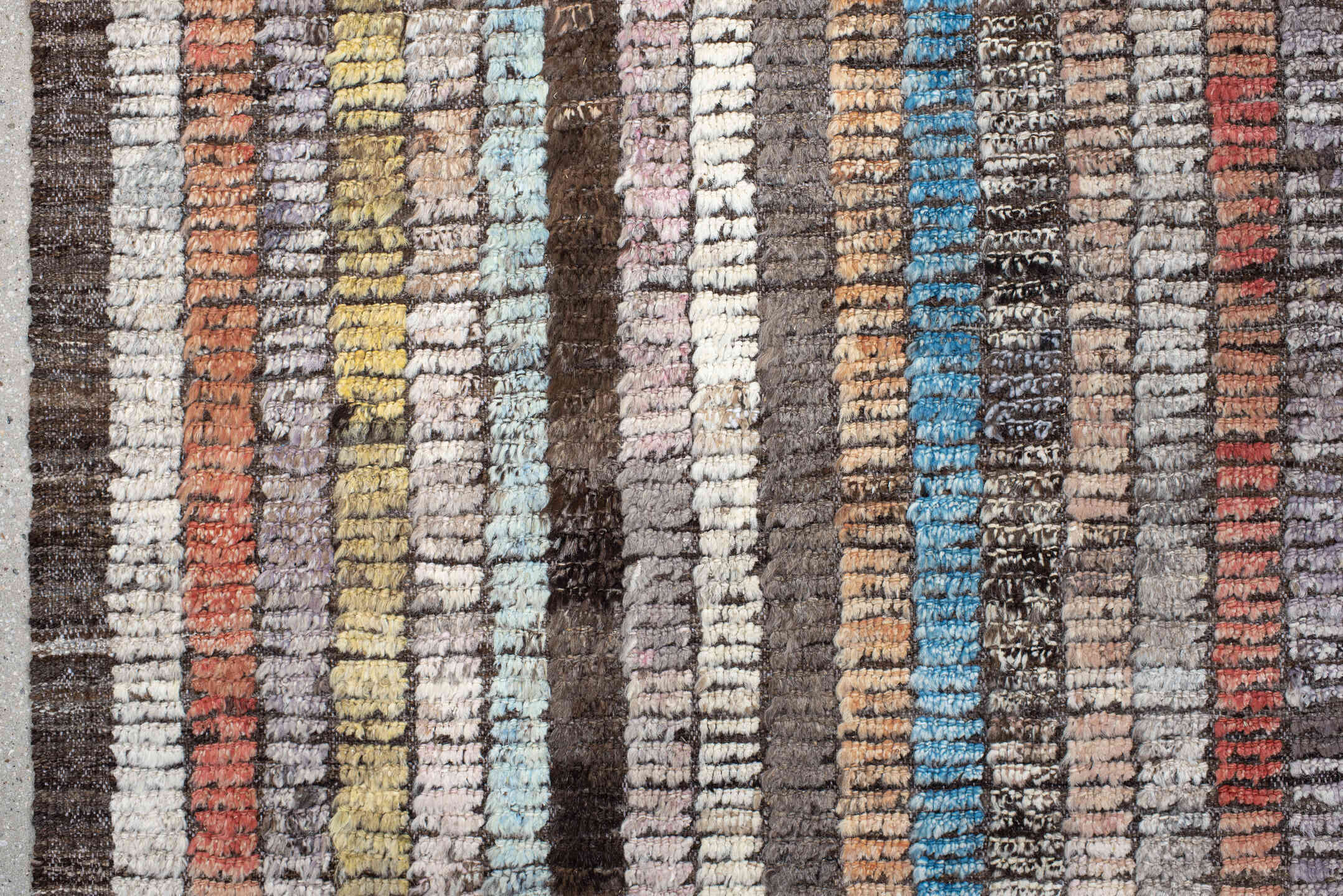 6' x 9' one-of-a-kind handmade vintage Tulu medium size rug. Color palette: brown, ivory, sky blue, coral, lavender, gold