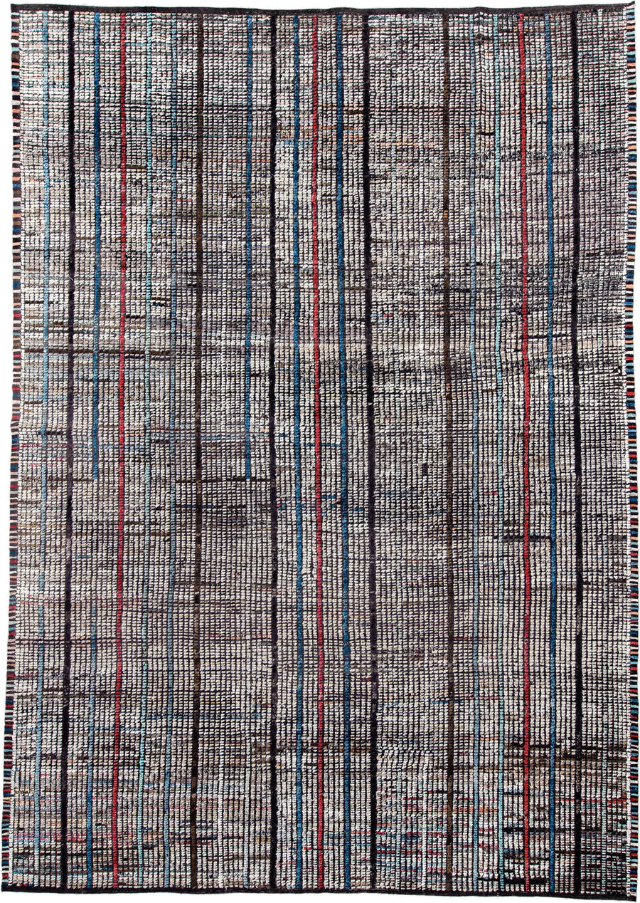 10' x 14' one-of-a-kind handmade vintage Tulu large size rug. Color palette: ivory, charcoal, slate, indigo, crimson, taupe