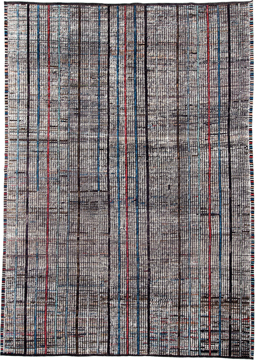 10' x 14' one-of-a-kind handmade vintage Tulu large size rug. Color palette: ivory, charcoal, slate, indigo, crimson, taupe