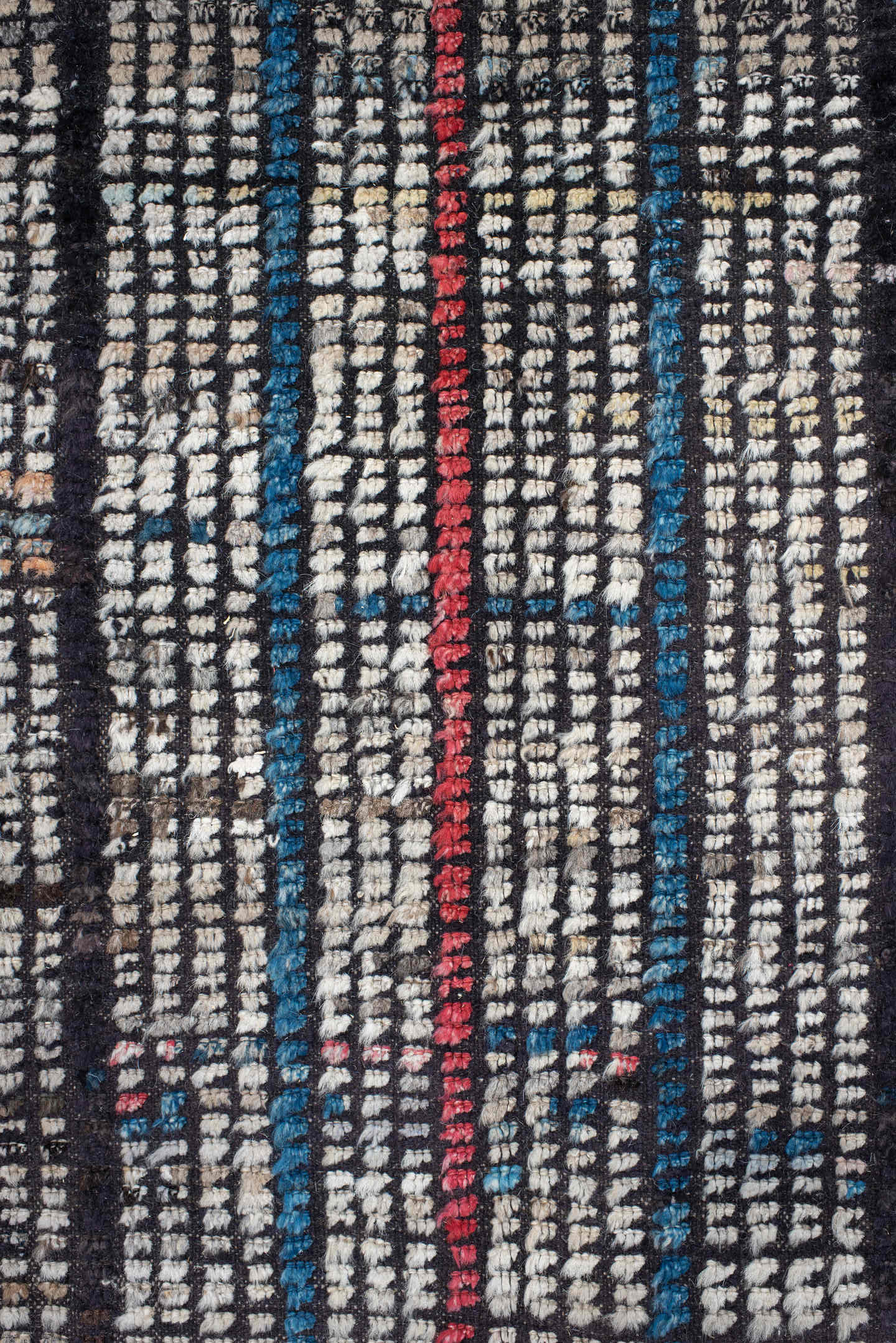 10' x 14' one-of-a-kind handmade vintage Tulu large size rug. Color palette: ivory, charcoal, slate, indigo, crimson, taupe