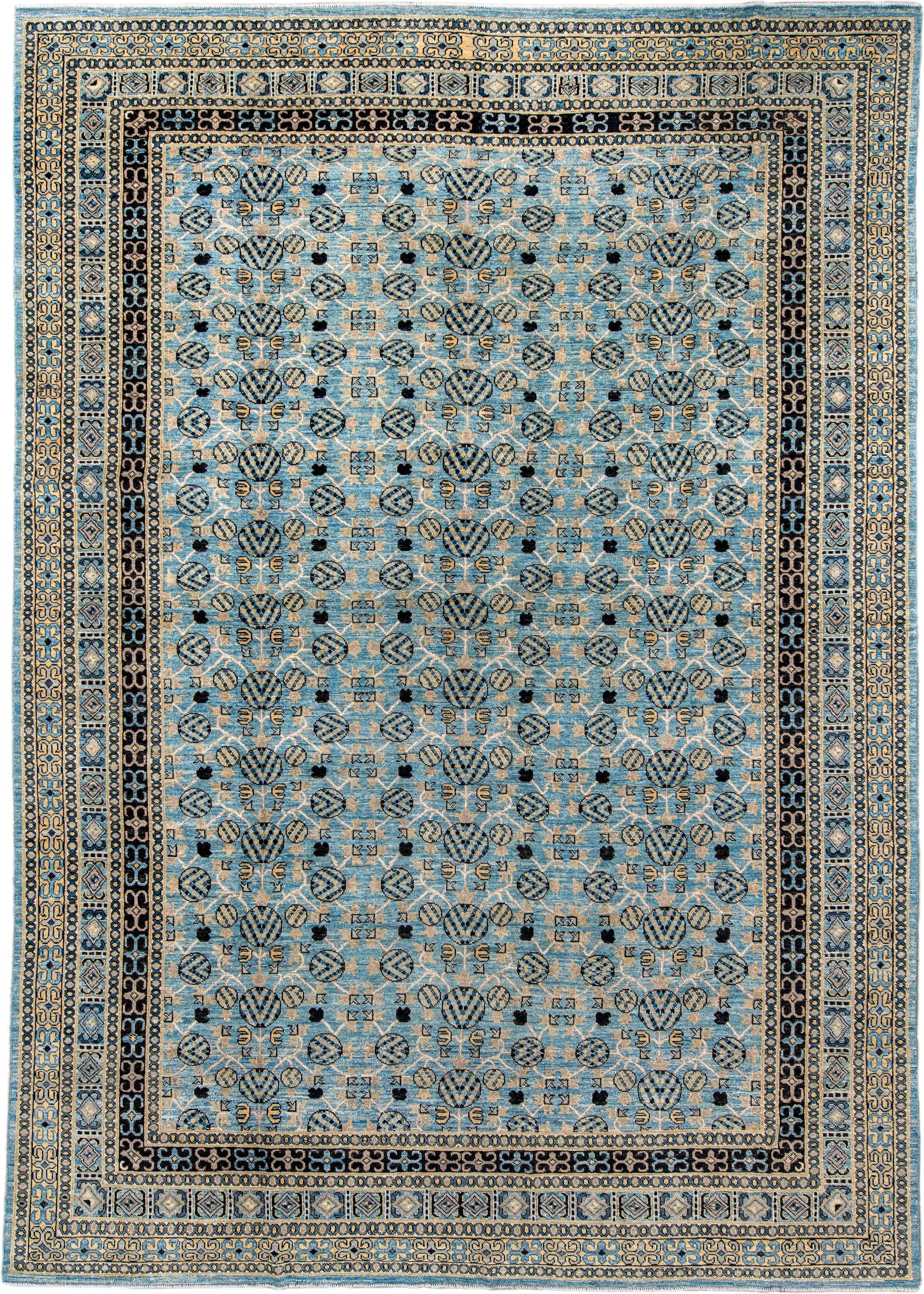 9' x 14' one-of-a-kind handmade vintage Khotan large size rug. Color palette: light blue, ivory, navy, charcoal, beige