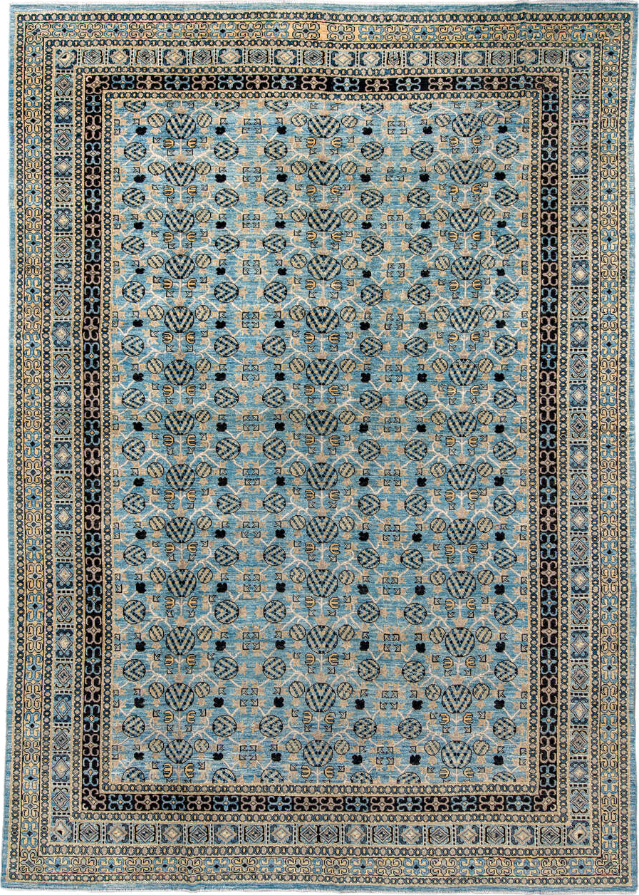 9' x 14' one-of-a-kind handmade vintage Khotan large size rug. Color palette: light blue, ivory, navy, charcoal, beige