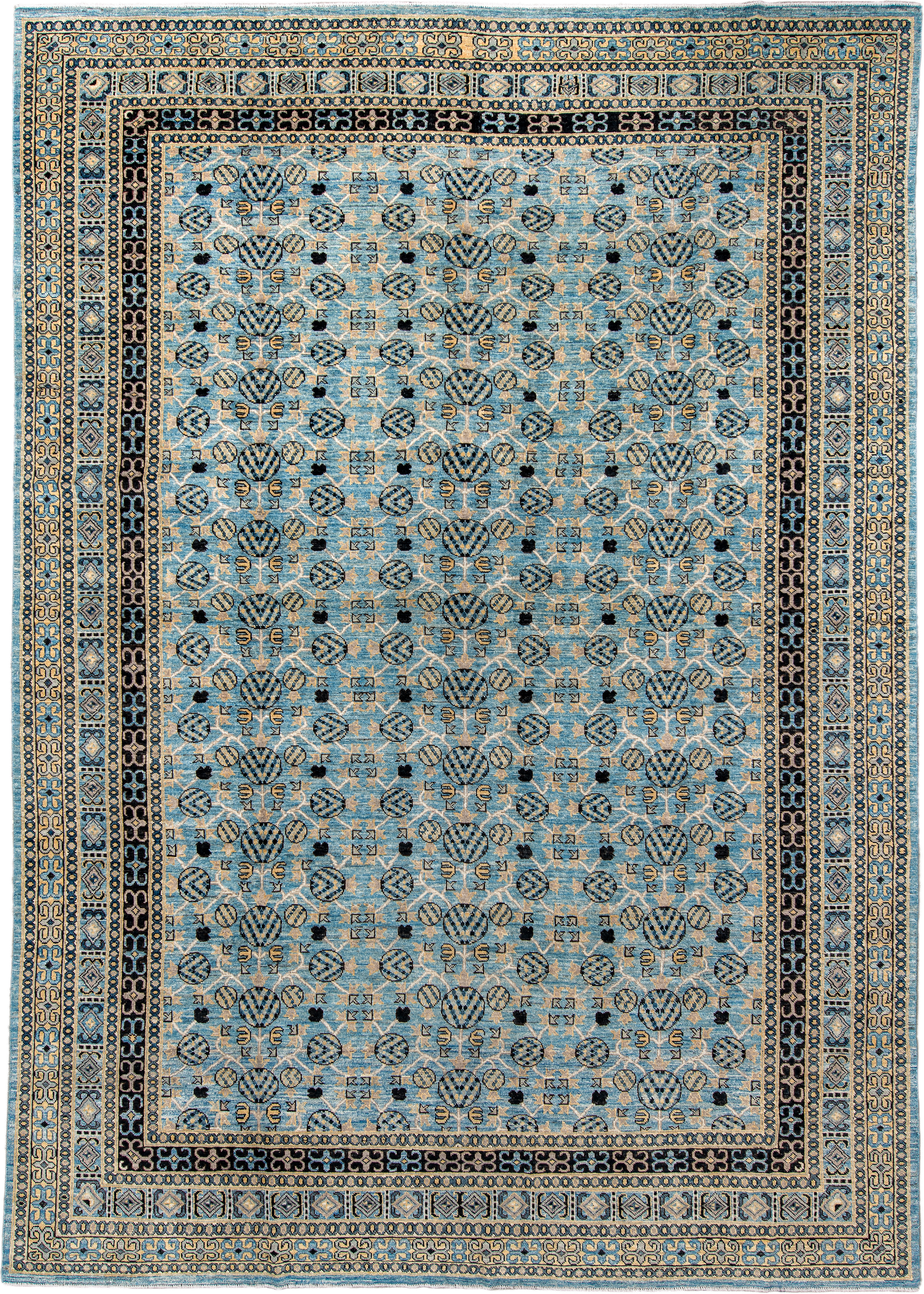 9' x 14' one-of-a-kind handmade vintage Khotan large size rug. Color palette: light blue, ivory, navy, charcoal, beige