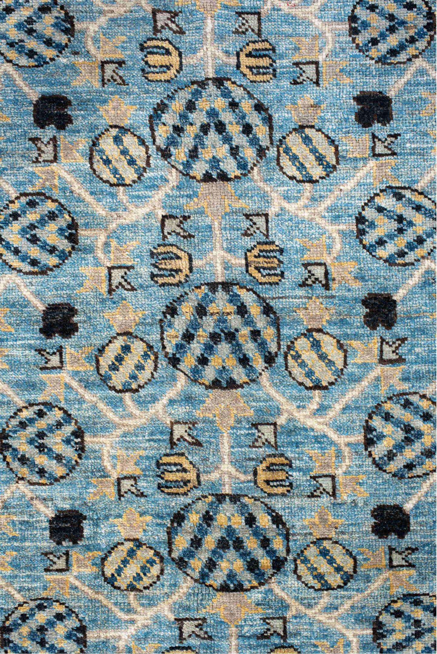 9' x 14' one-of-a-kind handmade vintage Khotan large size rug. Color palette: light blue, ivory, navy, charcoal, beige