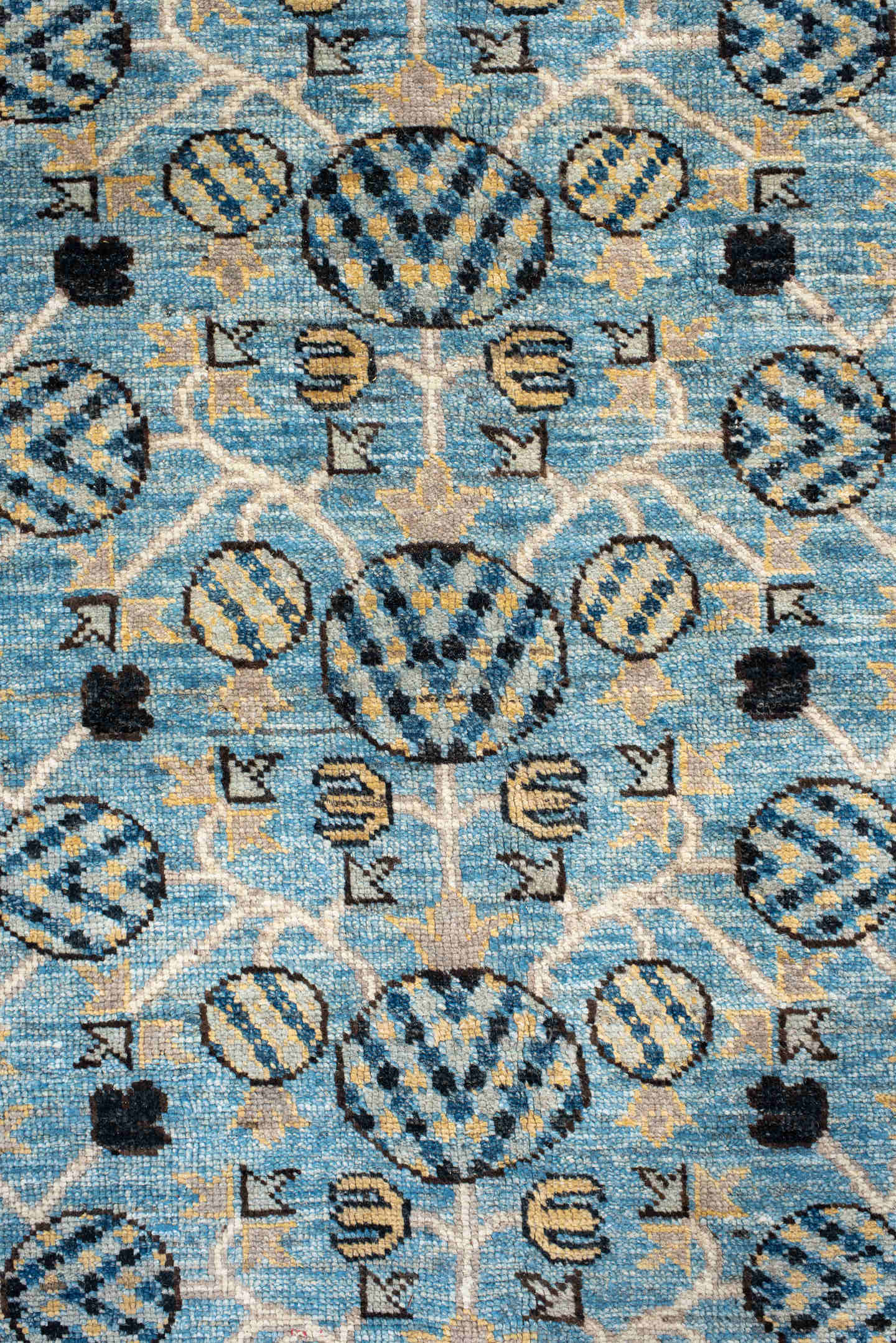 9' x 14' one-of-a-kind handmade vintage Khotan large size rug. Color palette: light blue, ivory, navy, charcoal, beige