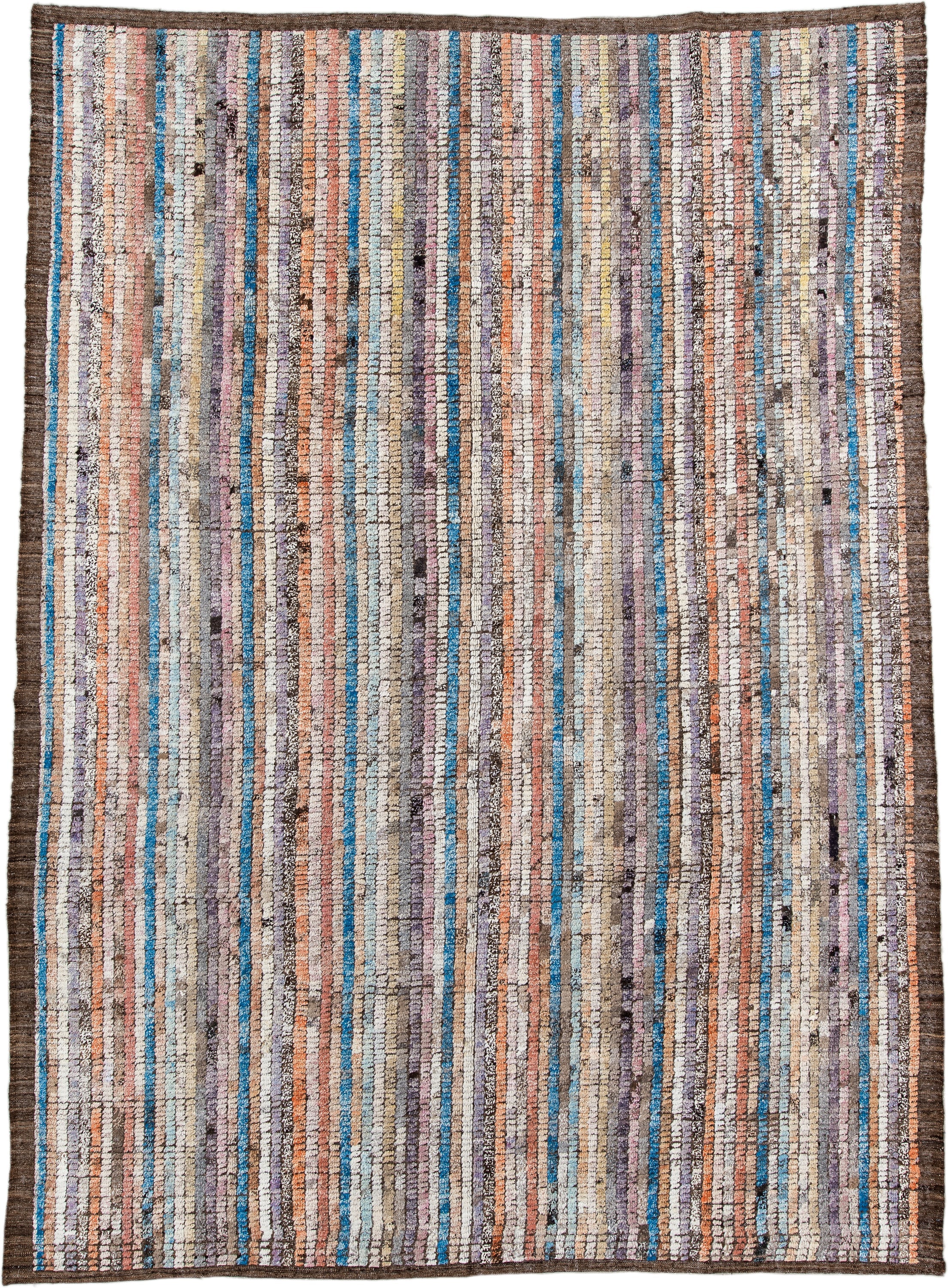 8' x 11' one-of-a-kind handmade vintage Tulu large size rug. Color palette: ivory, taupe, brown, lavender, turquoise, coral