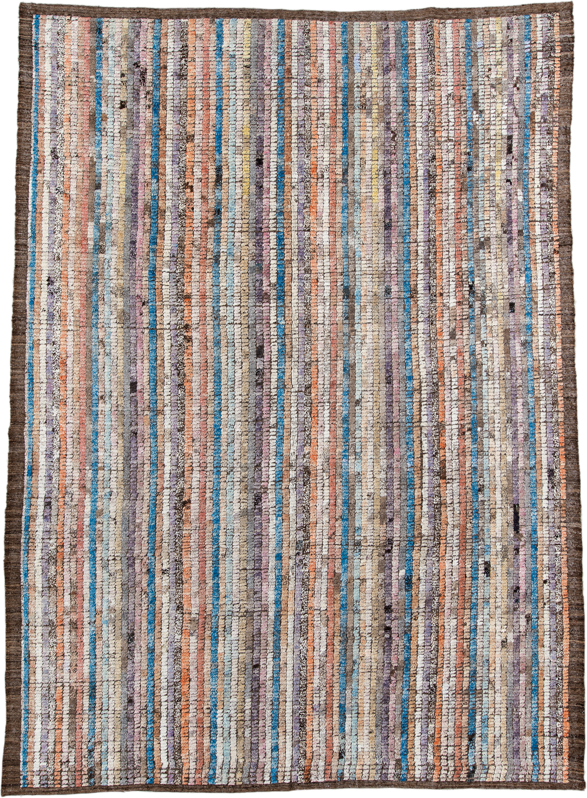 8' x 11' one-of-a-kind handmade vintage Tulu large size rug. Color palette: ivory, taupe, brown, lavender, turquoise, coral
