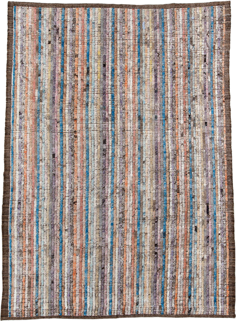 8' x 11' one-of-a-kind handmade vintage Tulu large size rug. Color palette: ivory, taupe, brown, lavender, turquoise, coral