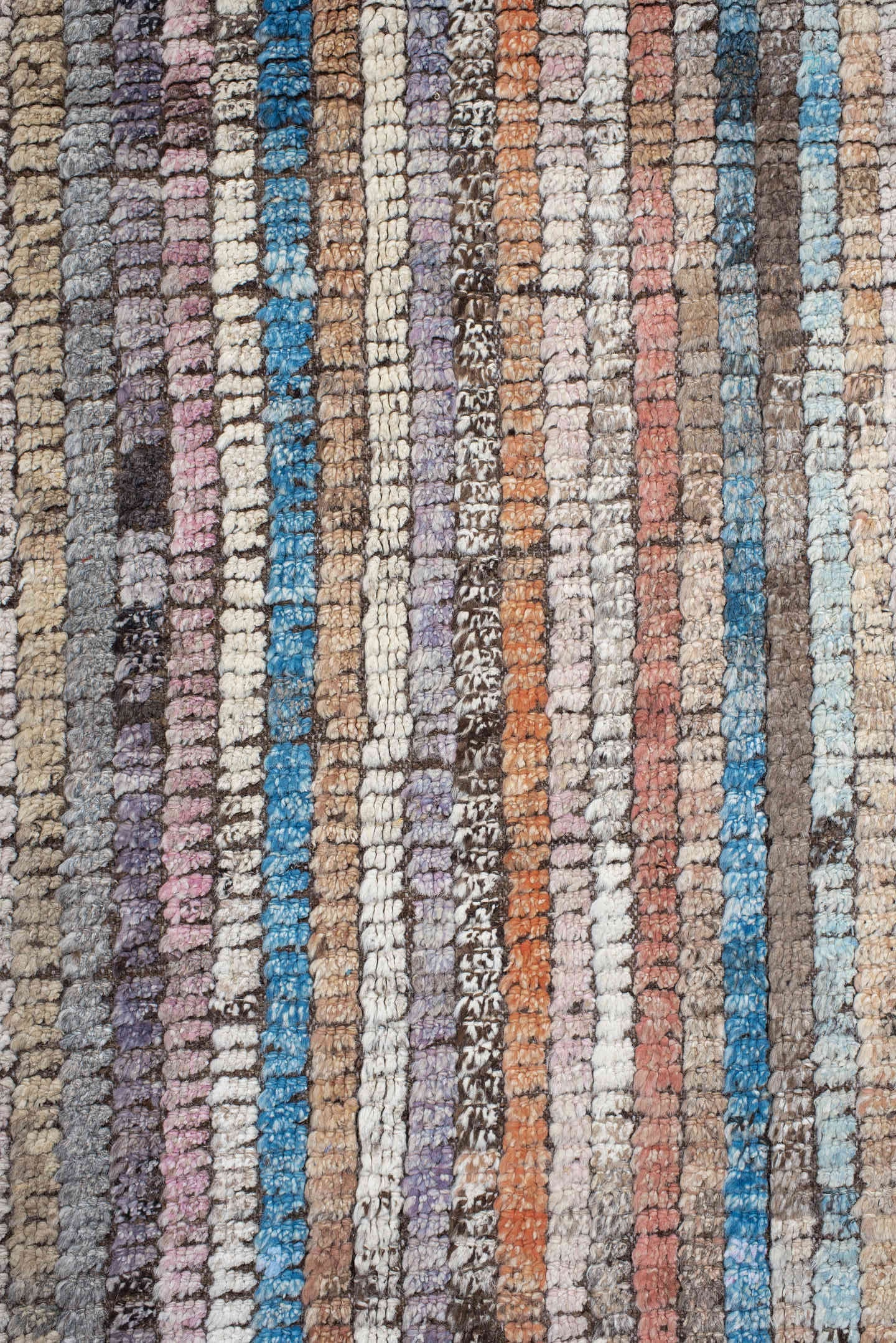 8' x 11' one-of-a-kind handmade vintage Tulu large size rug. Color palette: ivory, taupe, brown, lavender, turquoise, coral