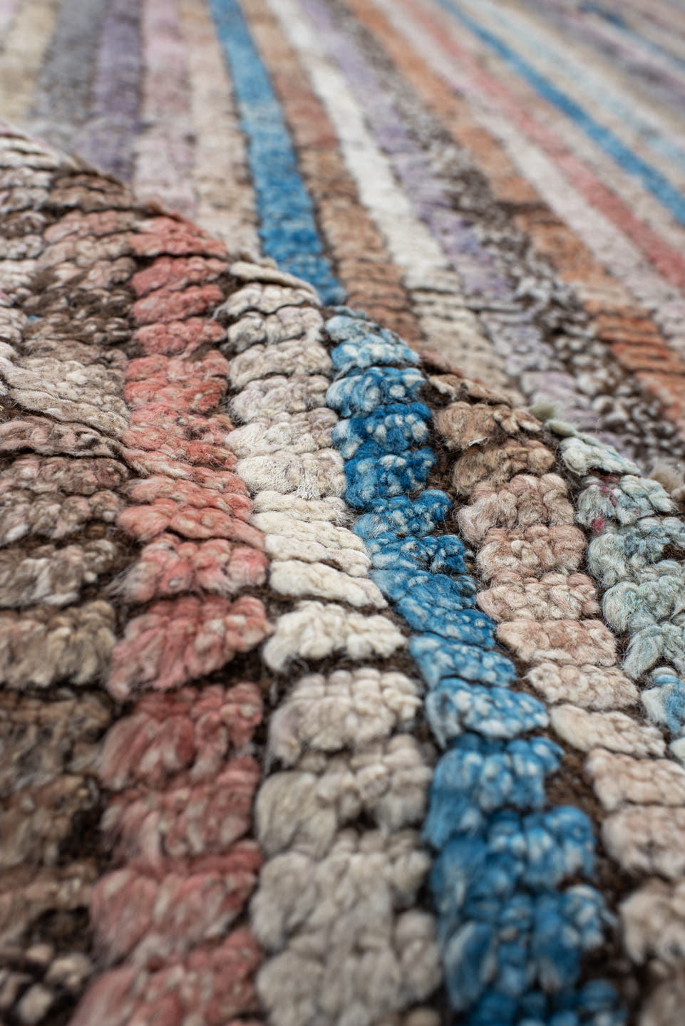 8' x 11' one-of-a-kind handmade vintage Tulu large size rug. Color palette: ivory, taupe, brown, lavender, turquoise, coral