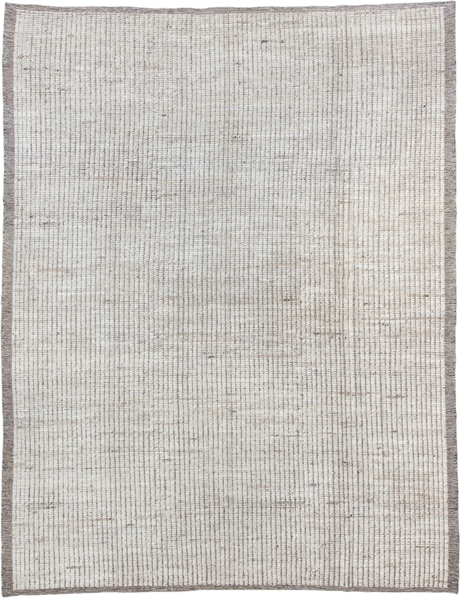 9' x 11' one-of-a-kind handmade vintage Tulu large size rug. Color palette: ivory, taupe, gray, greige, beige