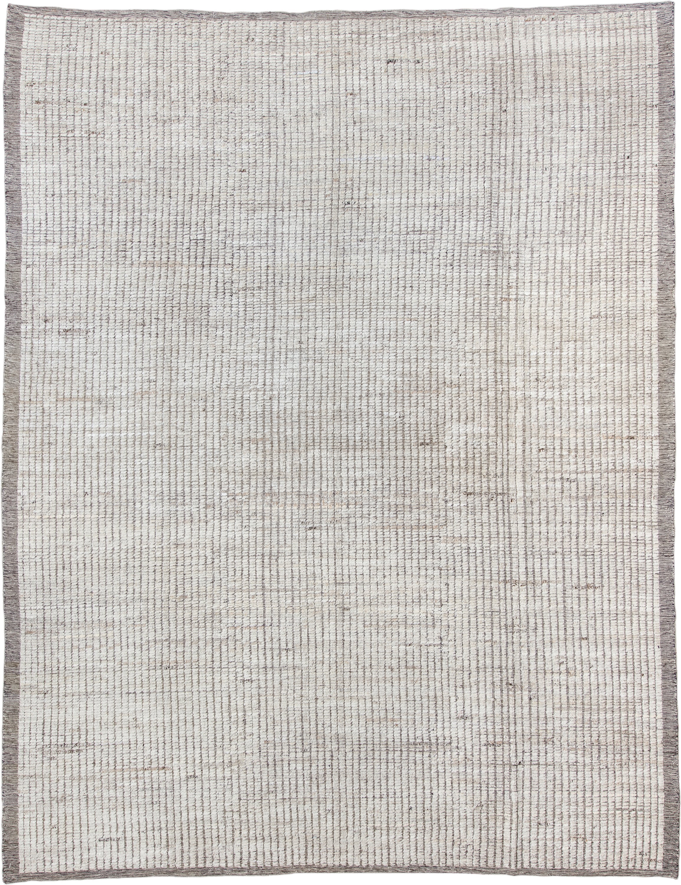 9' x 11' one-of-a-kind handmade vintage Tulu large size rug. Color palette: ivory, taupe, gray, greige, beige