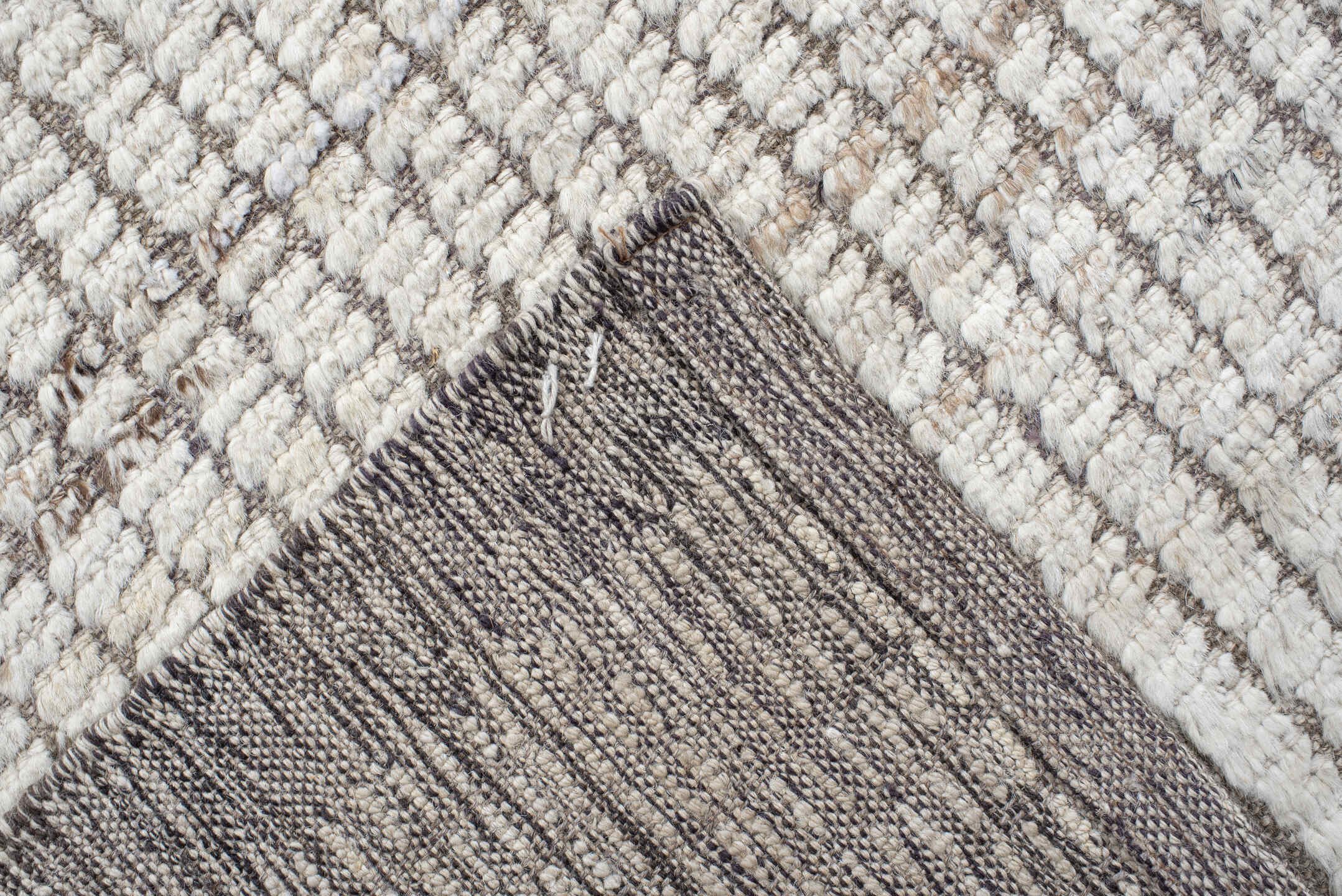 9' x 11' one-of-a-kind handmade vintage Tulu large size rug. Color palette: ivory, taupe, gray, greige, beige
