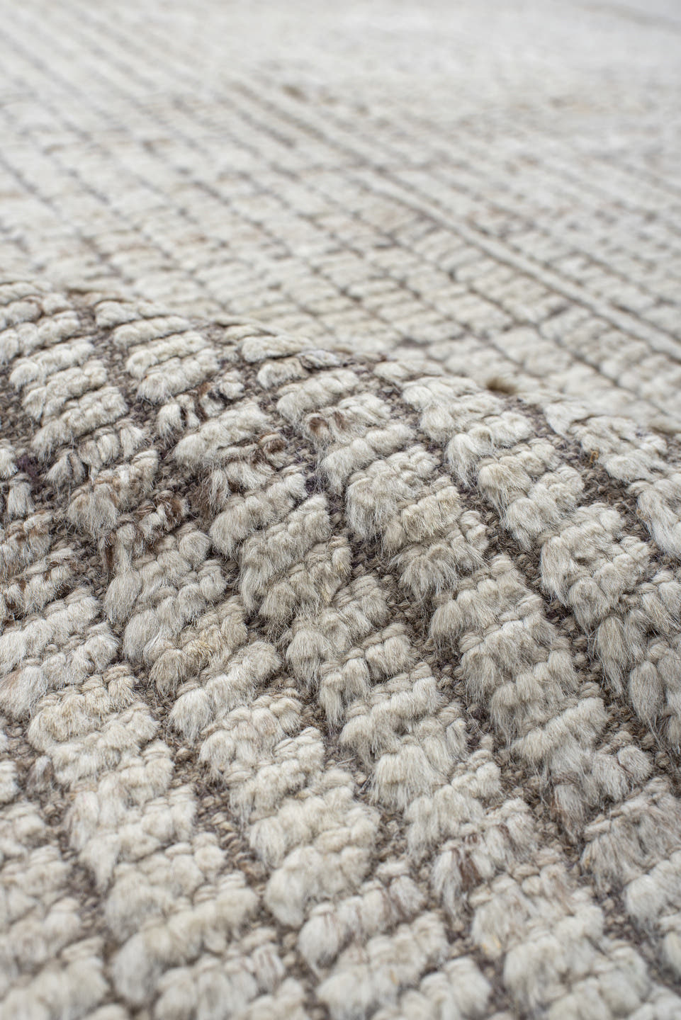 9' x 11' one-of-a-kind handmade vintage Tulu large size rug. Color palette: ivory, taupe, gray, greige, beige