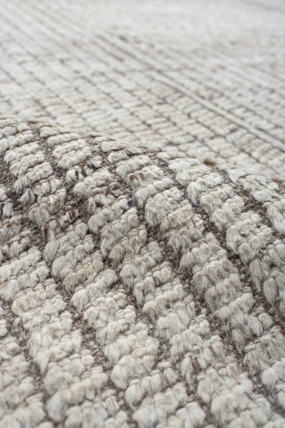 9' x 11' one-of-a-kind handmade vintage Tulu large size rug. Color palette: ivory, taupe, gray, greige, beige