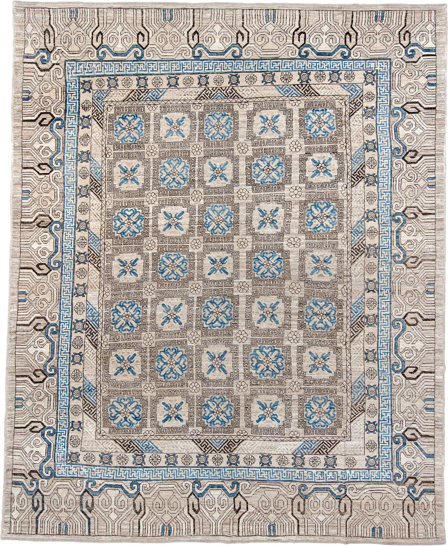 11' x 13' one-of-a-kind handmade vintage Khotan oversize rug. Color palette: ivory, sky_blue, taupe, charcoal, cream