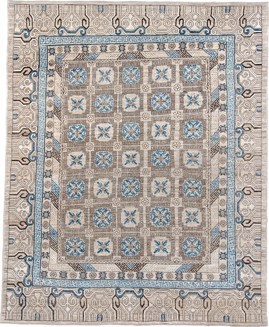 11' x 13' one-of-a-kind handmade vintage Khotan oversize rug. Color palette: ivory, sky_blue, taupe, charcoal, cream