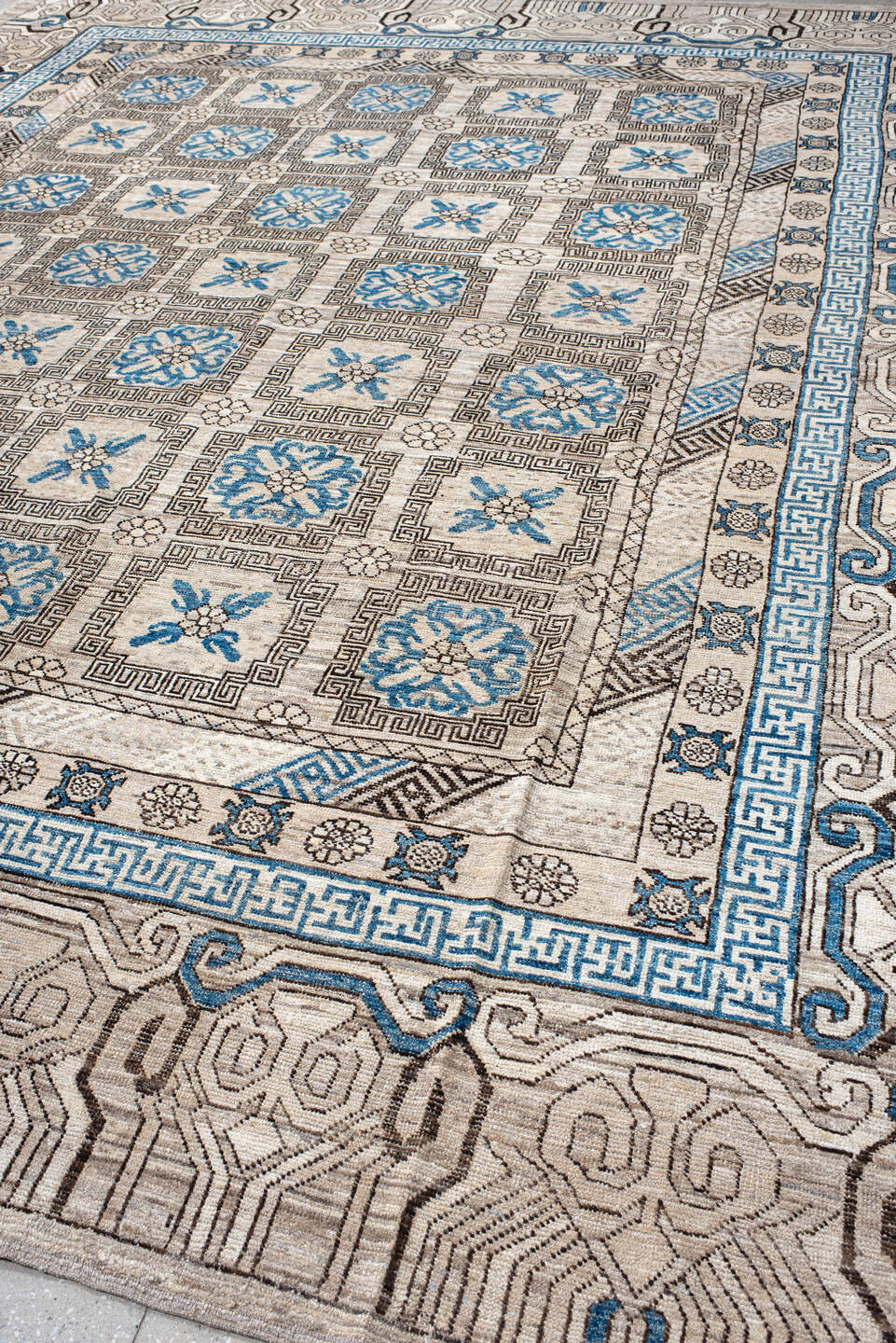 11' x 13' one-of-a-kind handmade vintage Khotan oversize rug. Color palette: antiquewhite, blue, fiord, gray, light blue