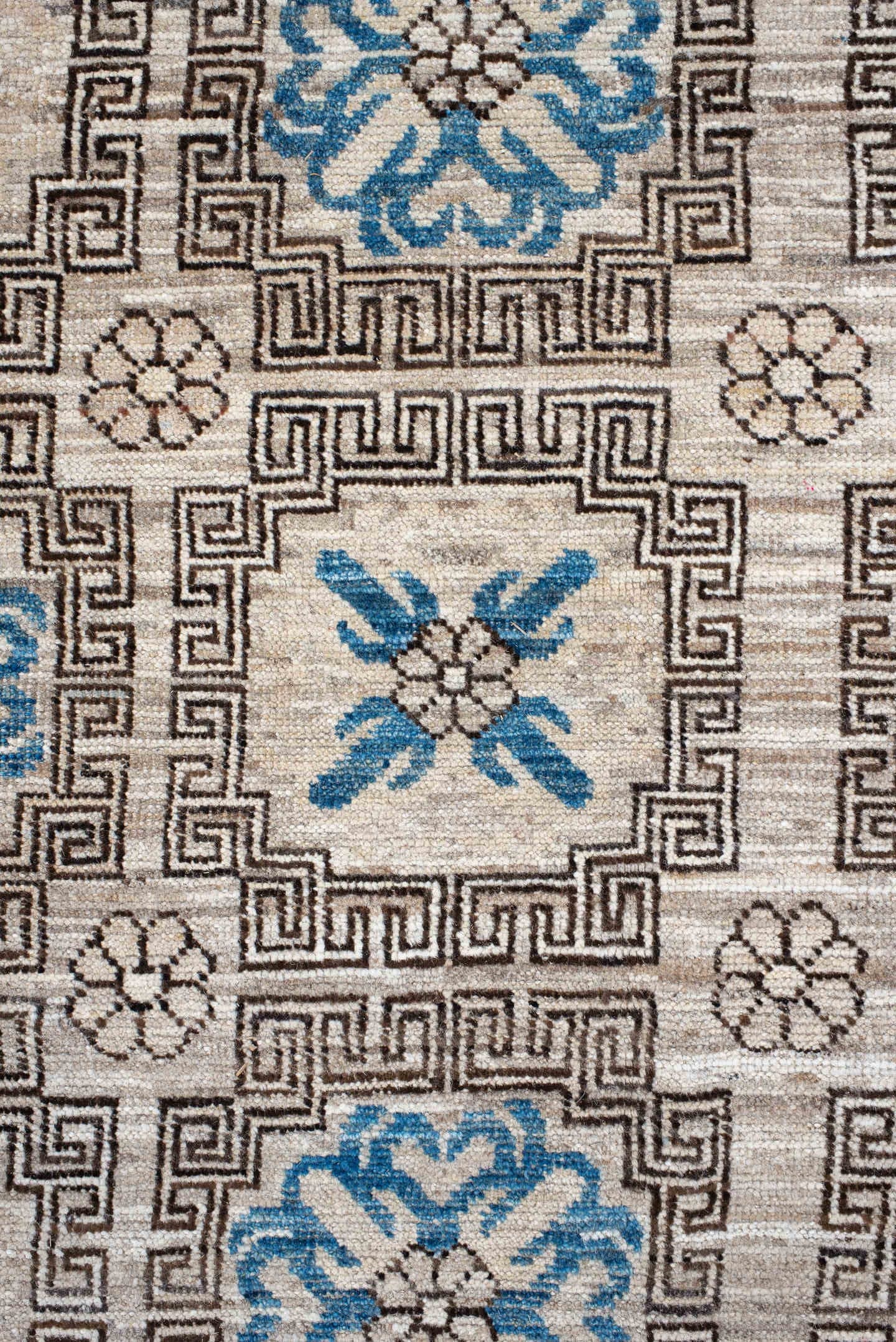 11' x 13' one-of-a-kind handmade vintage Khotan oversize rug. Color palette: ivory, sky_blue, taupe, charcoal, cream