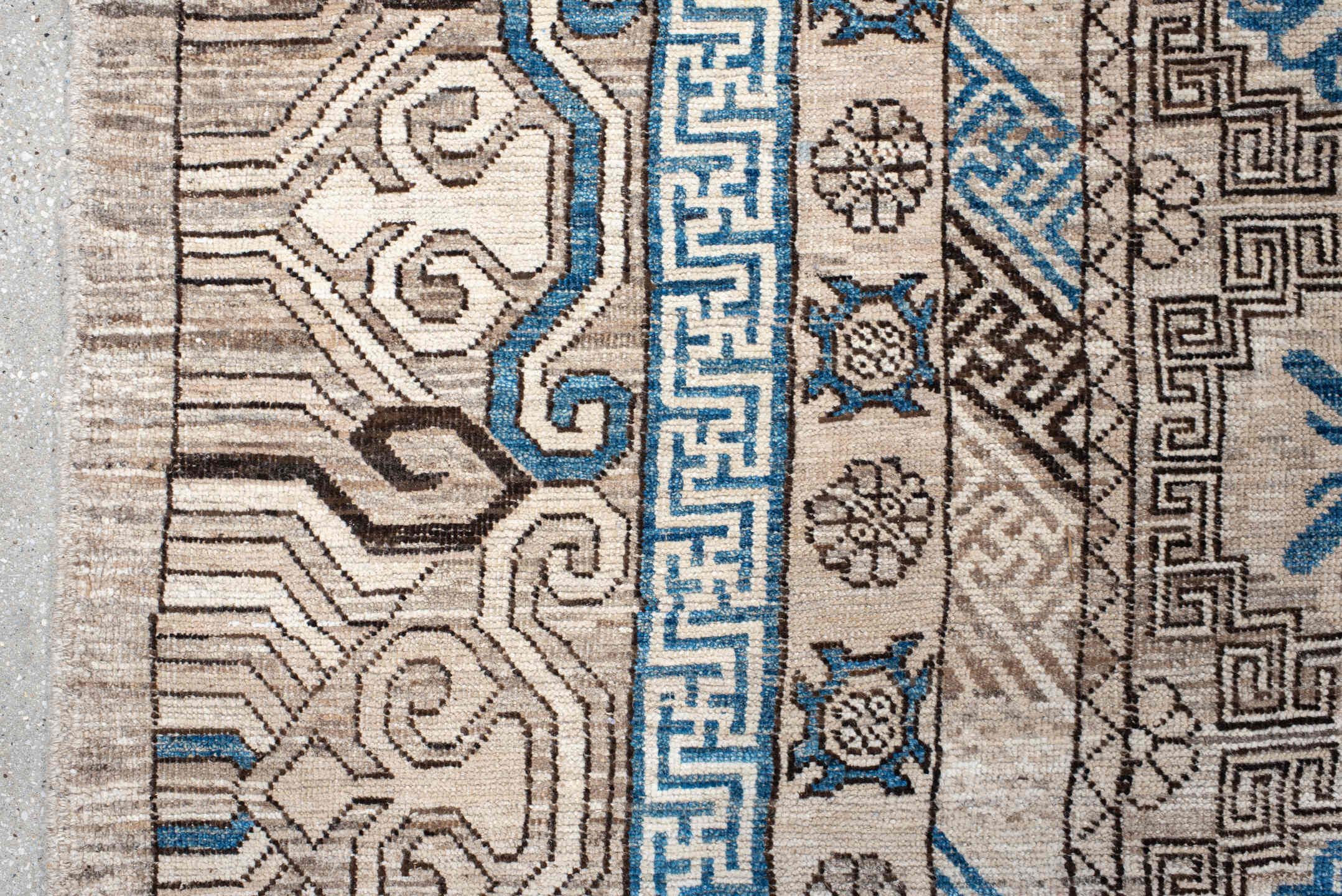 11' x 13' one-of-a-kind handmade vintage Khotan oversize rug. Color palette: antiquewhite, blue, fiord, gray, light blue