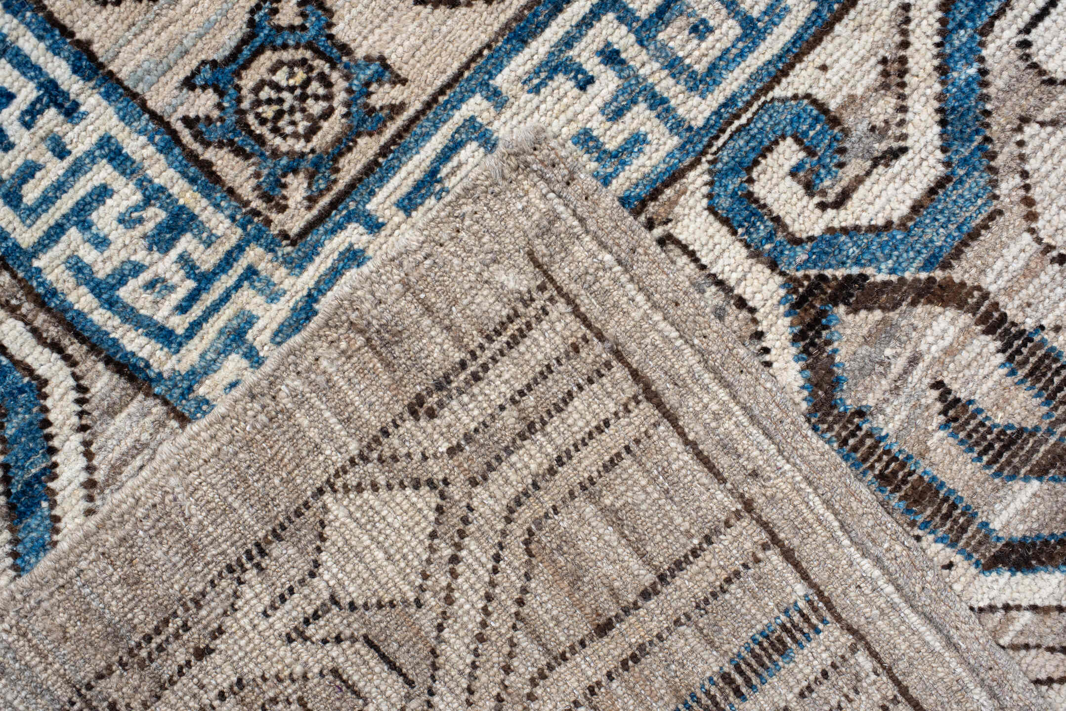 11' x 13' one-of-a-kind handmade vintage Khotan oversize rug. Color palette: antiquewhite, blue, fiord, gray, light blue