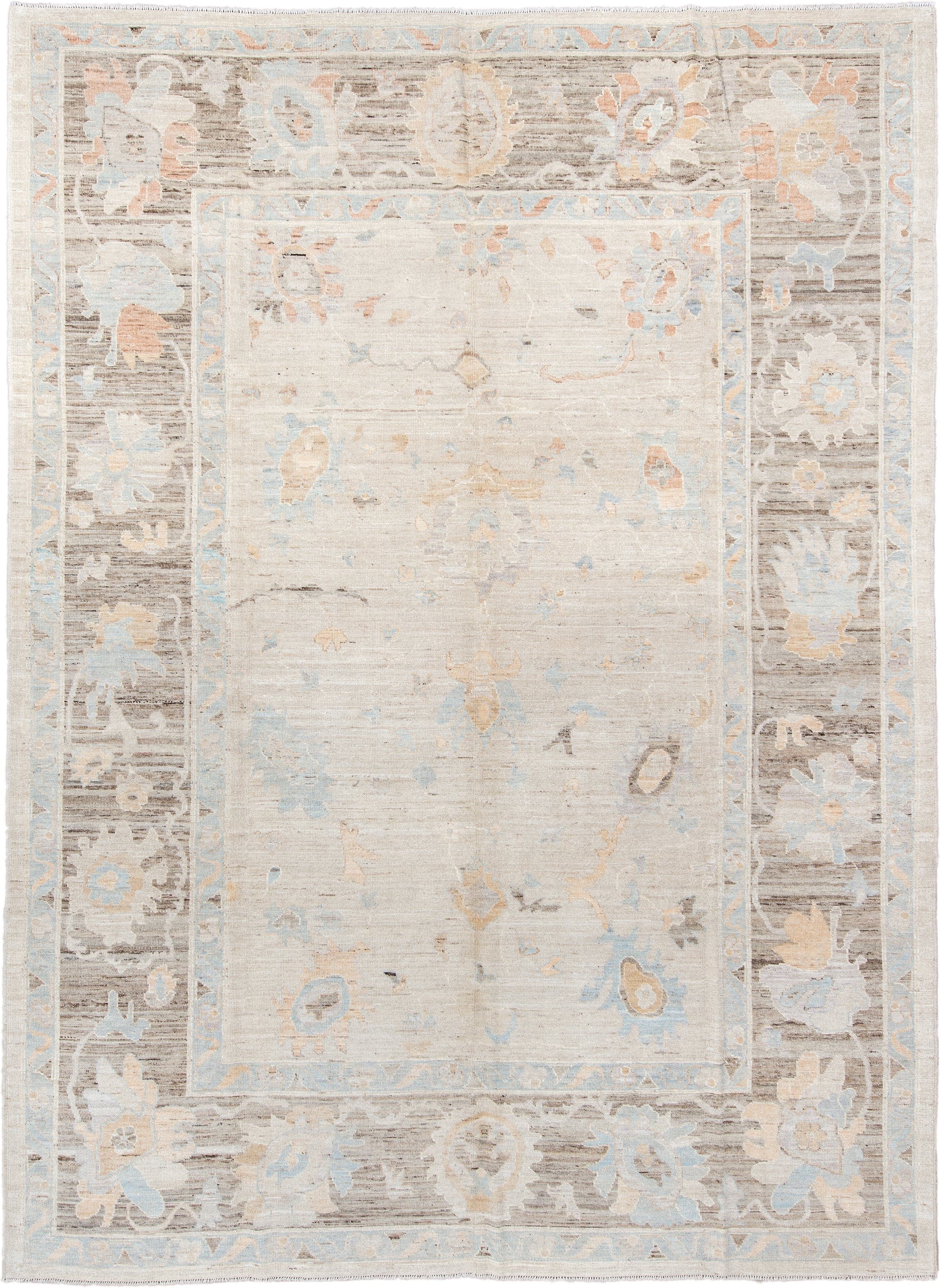 10' x 13' one-of-a-kind handmade vintage Oushak large size rug. Color palette: ivory, taupe, pale_blue, blush, cream, beige