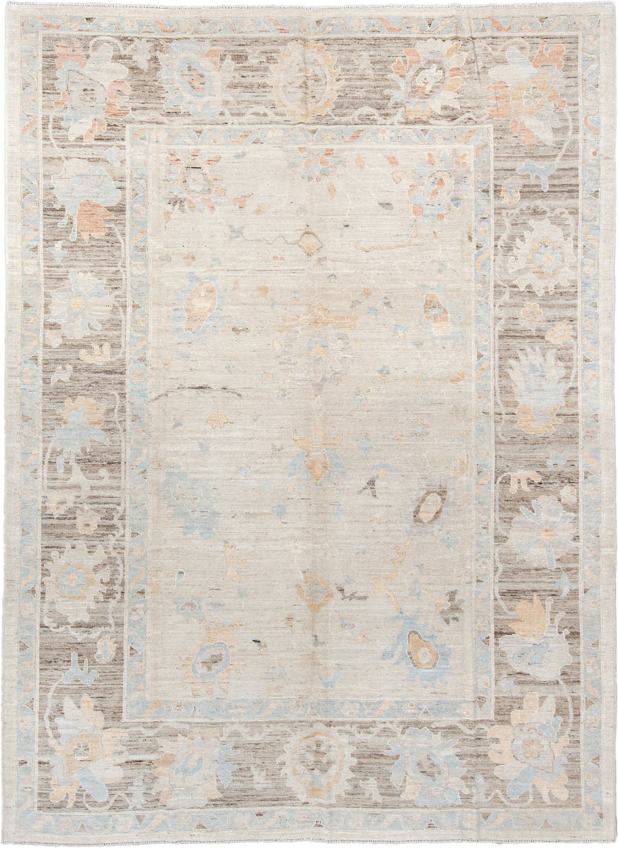 10' x 13' one-of-a-kind handmade vintage Oushak large size rug. Color palette: ivory, taupe, pale_blue, blush, cream, beige