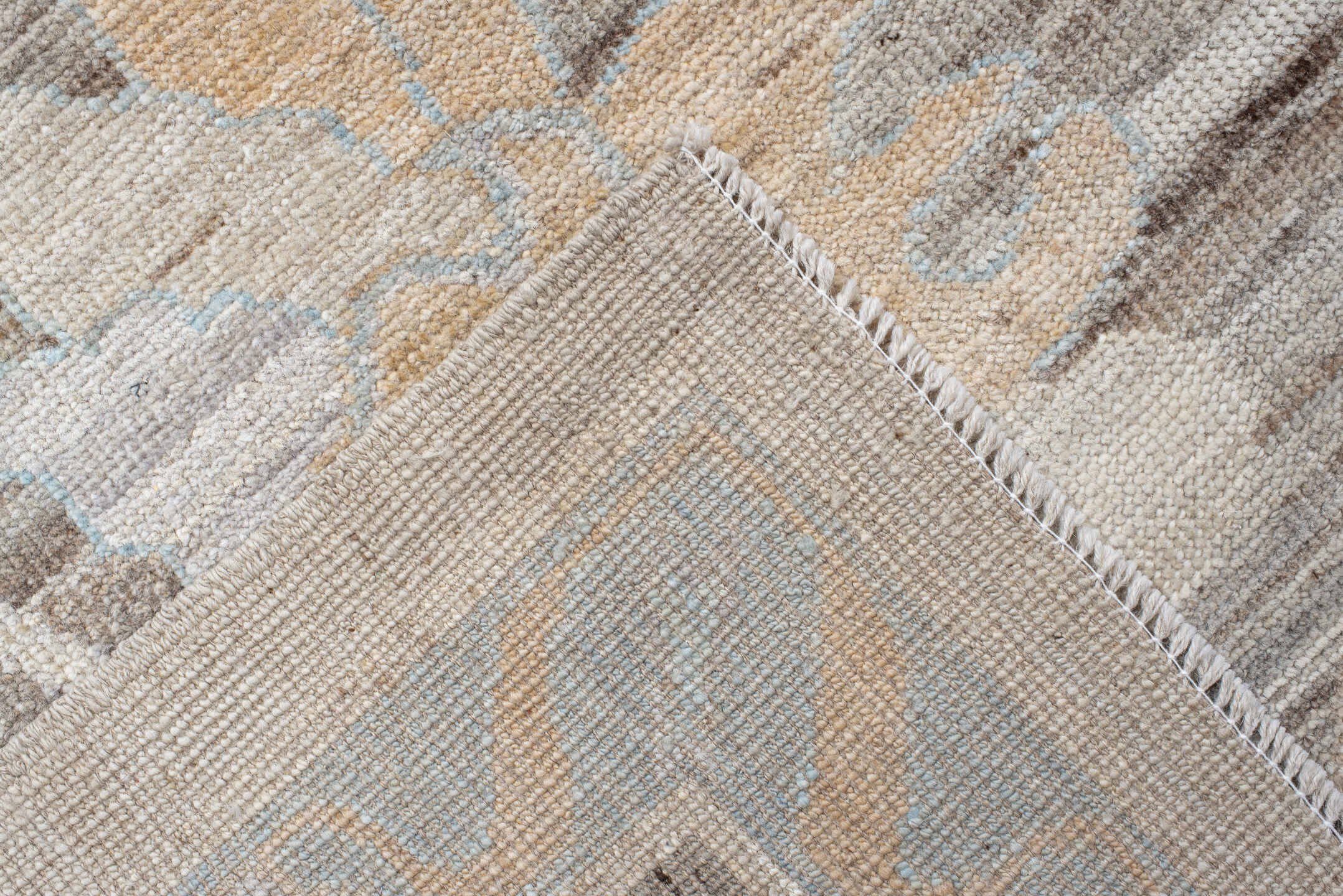 10' x 13' one-of-a-kind handmade vintage Oushak large size rug. Color palette: ivory, taupe, pale_blue, blush, cream, beige