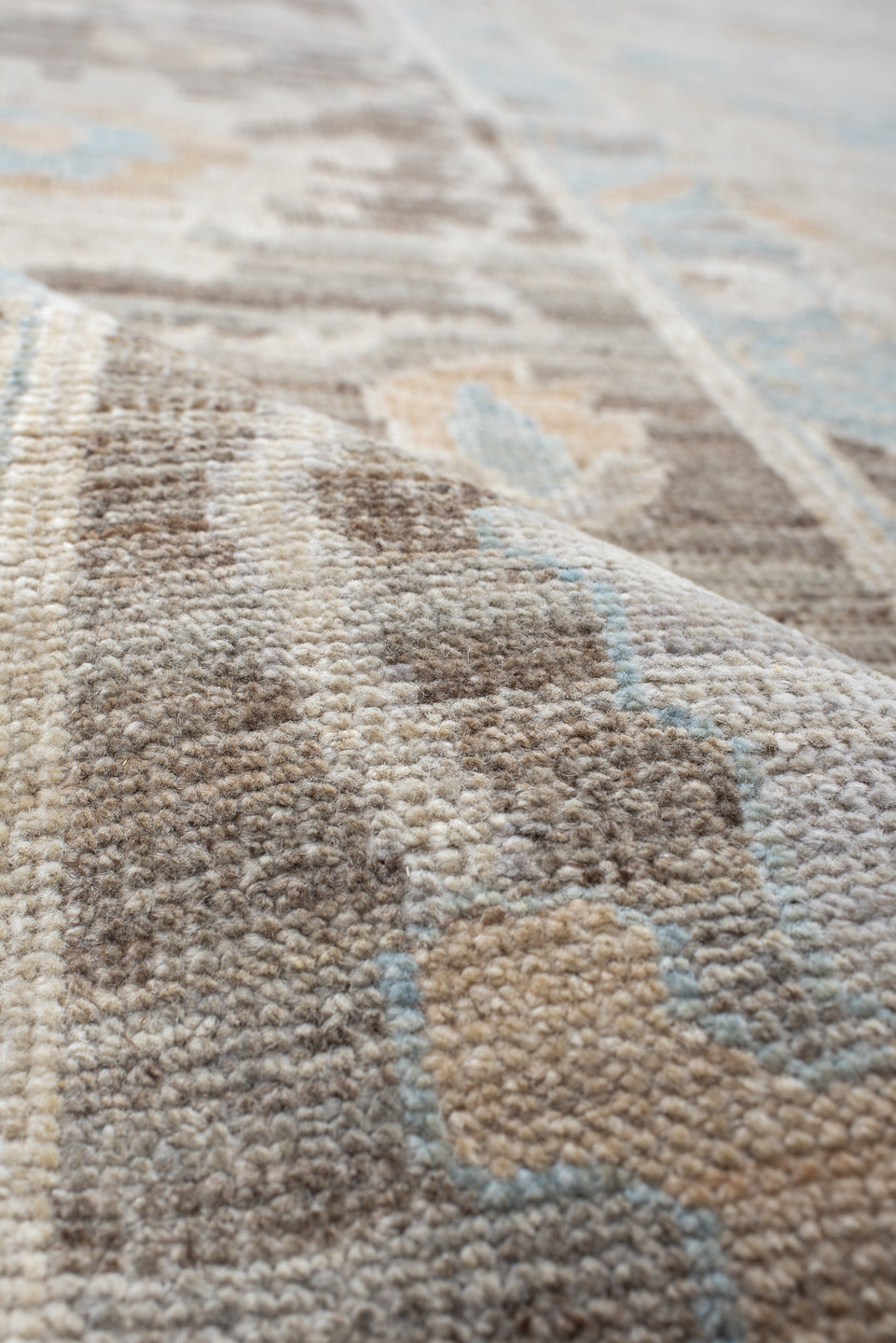 10' x 13' one-of-a-kind handmade vintage Oushak large size rug. Color palette: ivory, taupe, pale_blue, blush, cream, beige