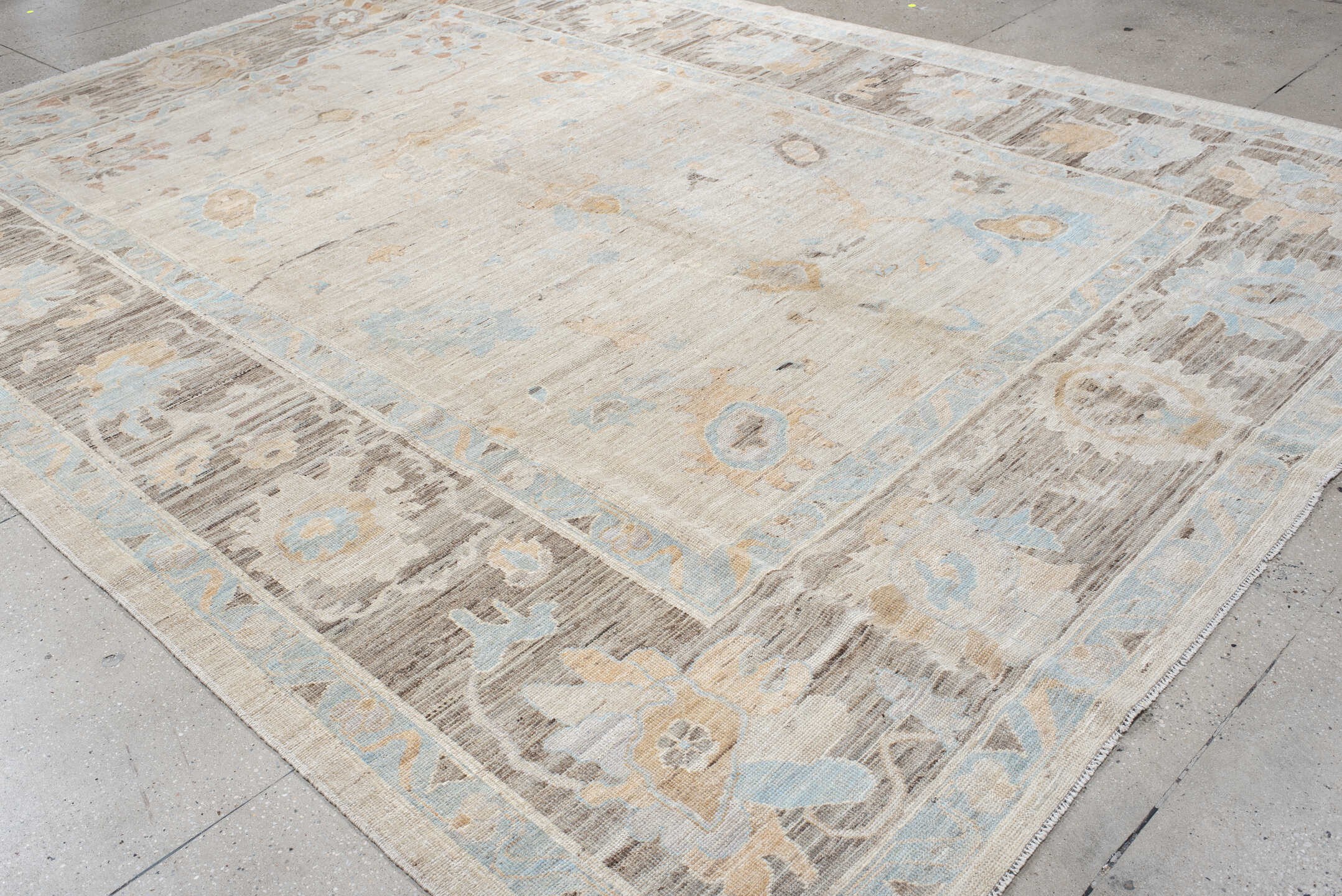 10' x 13' one-of-a-kind handmade vintage Oushak large size rug. Color palette: ivory, taupe, pale_blue, blush, cream, beige