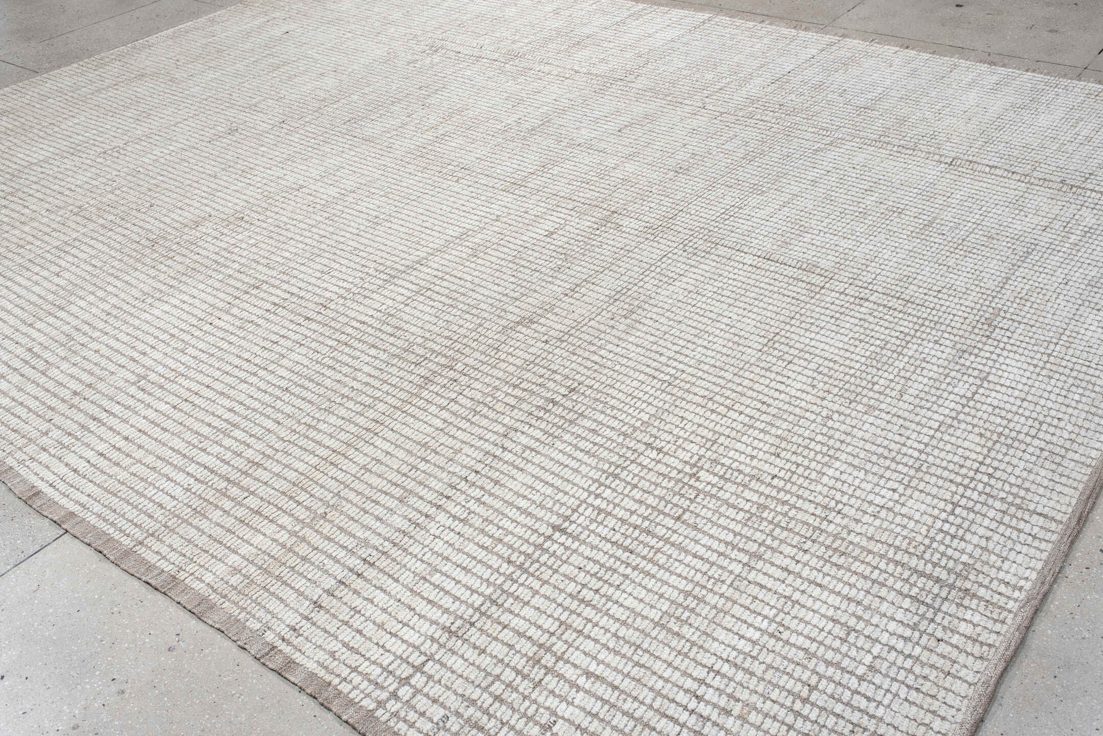 10' x 13' one-of-a-kind handmade vintage Tulu oversize rug. Color palette: ivory, taupe, cream, beige, gray