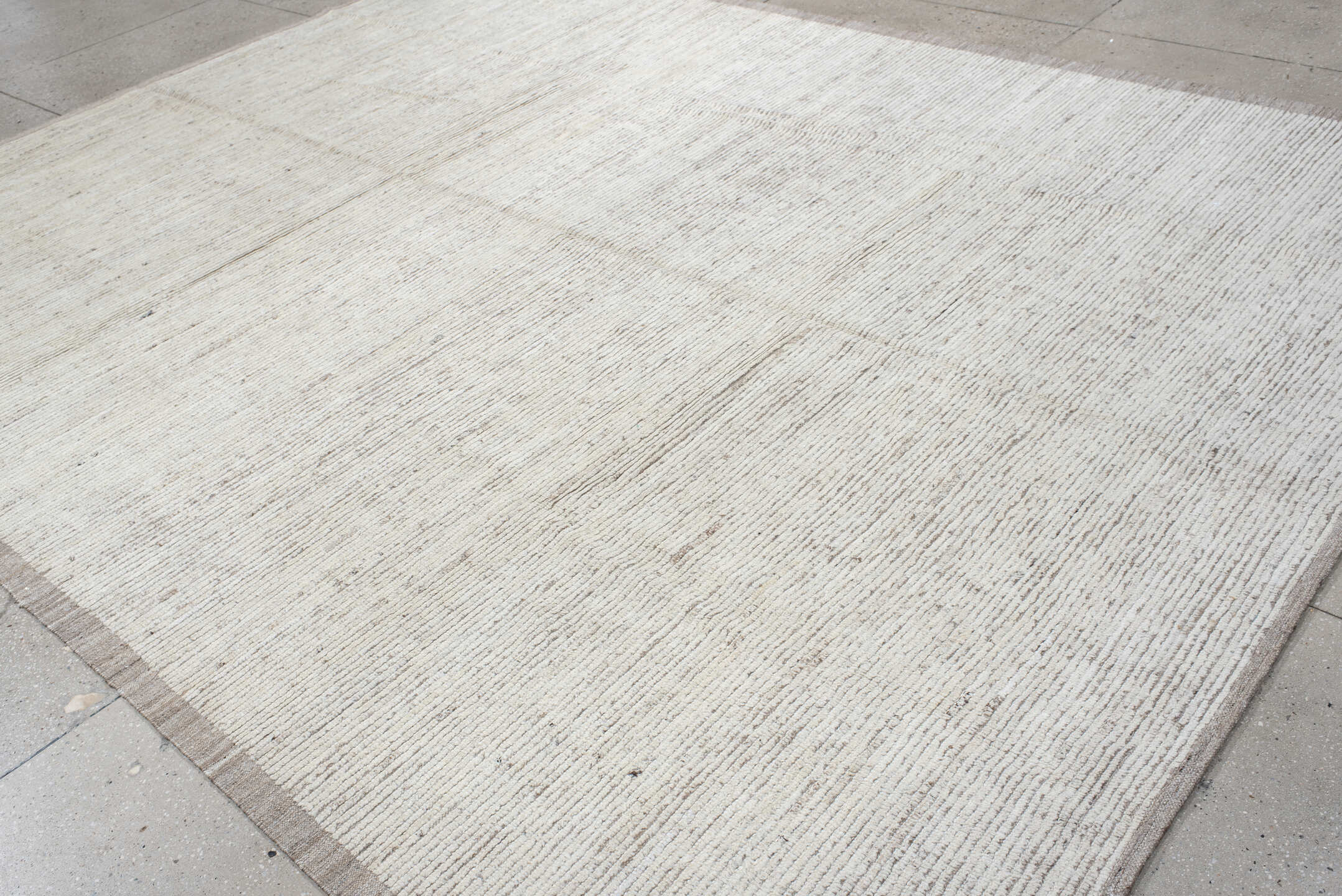 9' x 12' one-of-a-kind handmade vintage Tulu large size rug. Color palette: ivory, taupe, beige, cream, gray