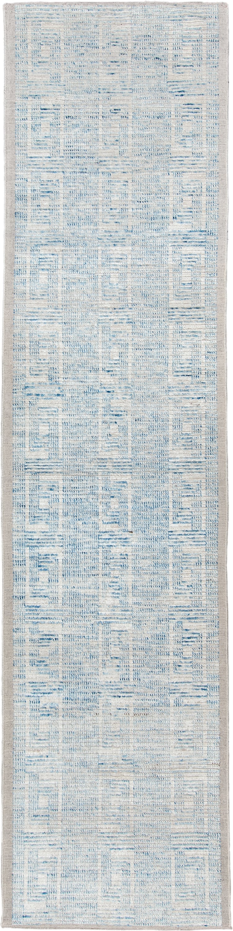3' x 13' one-of-a-kind handmade vintage Tulu runner rug. Color palette: ivory, sky blue, light blue, taupe, beige, gray