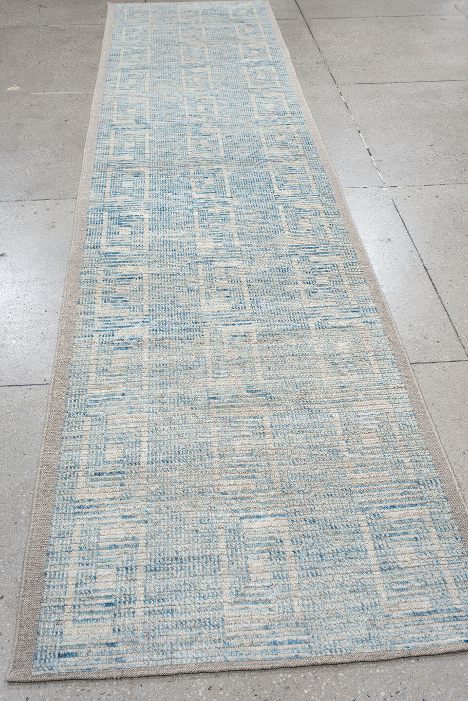 3' x 13' one-of-a-kind handmade vintage Tulu runner rug. Color palette: ivory, sky blue, light blue, taupe, beige, gray