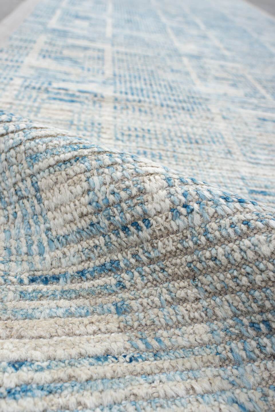 3' x 13' one-of-a-kind handmade vintage Tulu runner rug. Color palette: ivory, sky blue, light blue, taupe, beige, gray