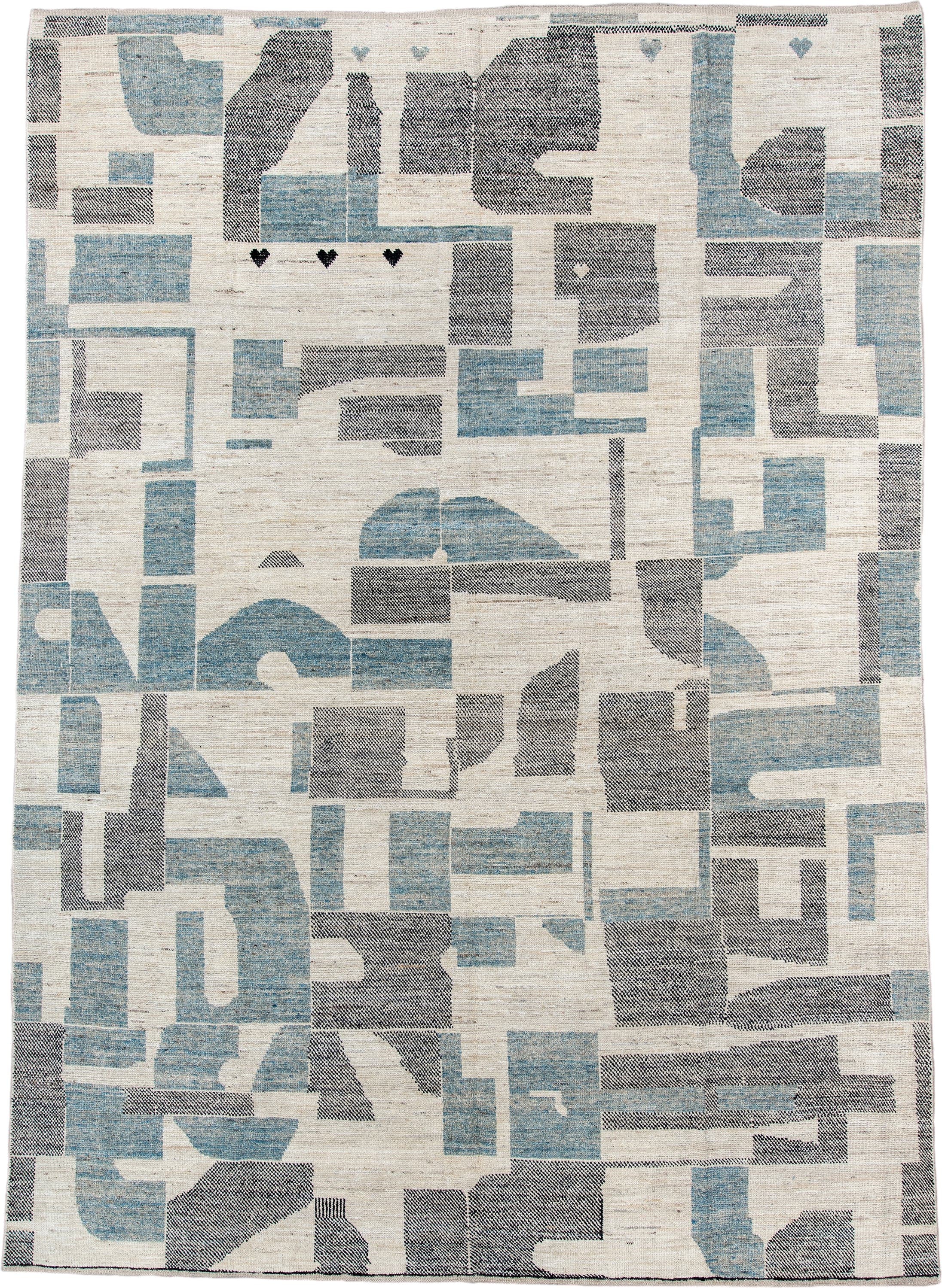 9' x 12' one-of-a-kind handmade vintage Tulu large size rug. Color palette: ivory, sky blue, charcoal, cream, slate