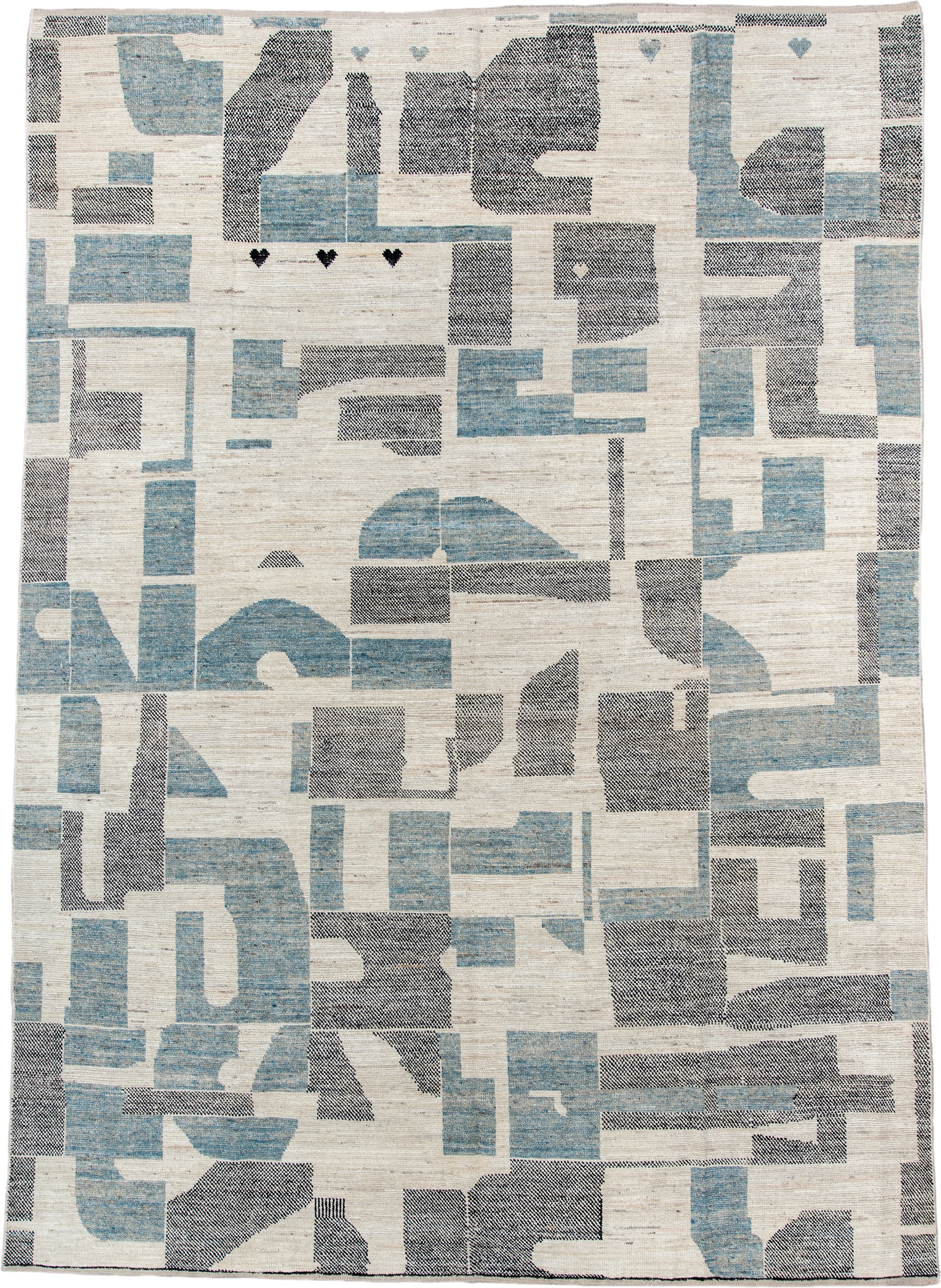 9' x 12' one-of-a-kind handmade vintage Tulu large size rug. Color palette: ivory, sky blue, charcoal, cream, slate