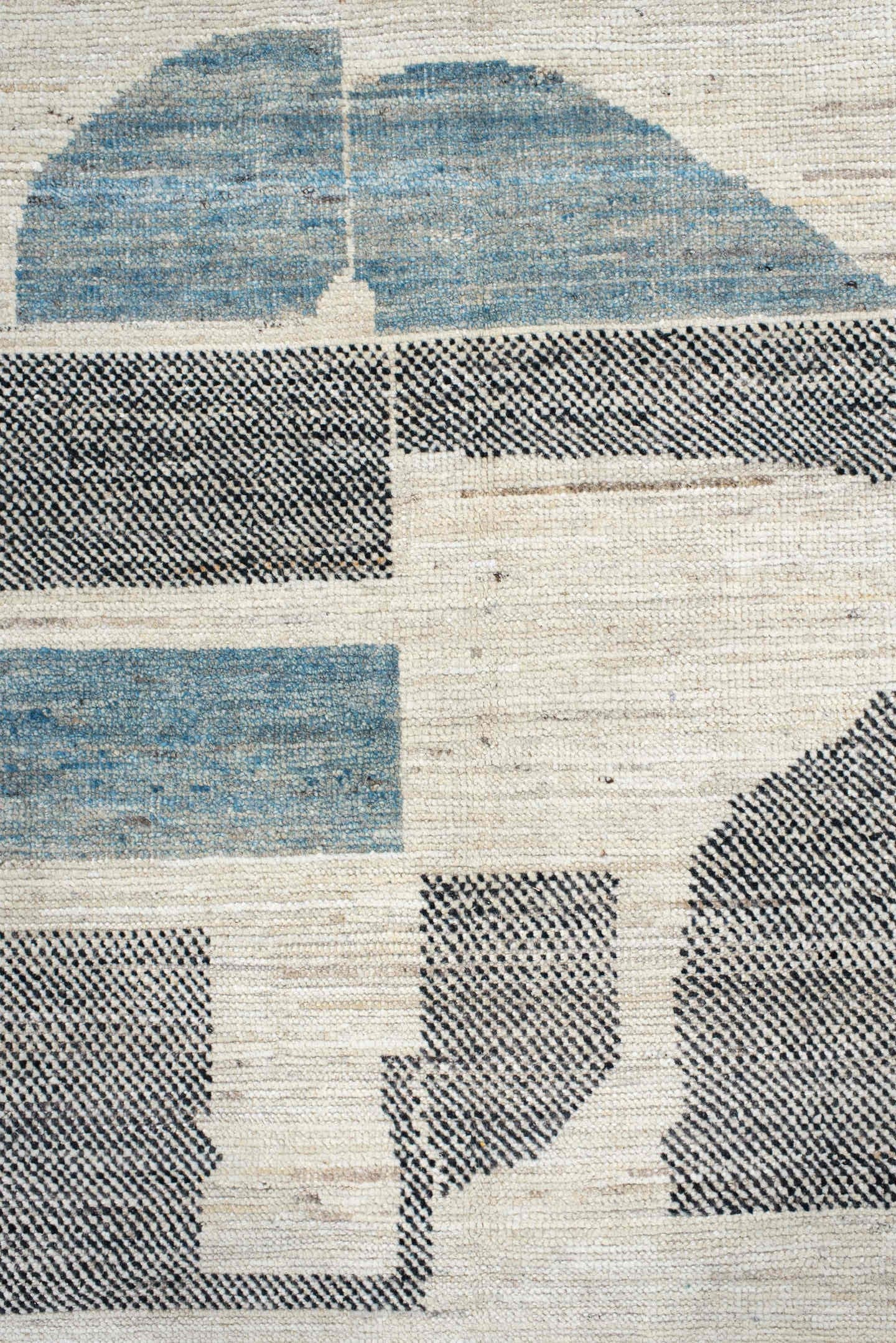 9' x 12' one-of-a-kind handmade vintage Tulu large size rug. Color palette: ivory, sky blue, charcoal, cream, slate