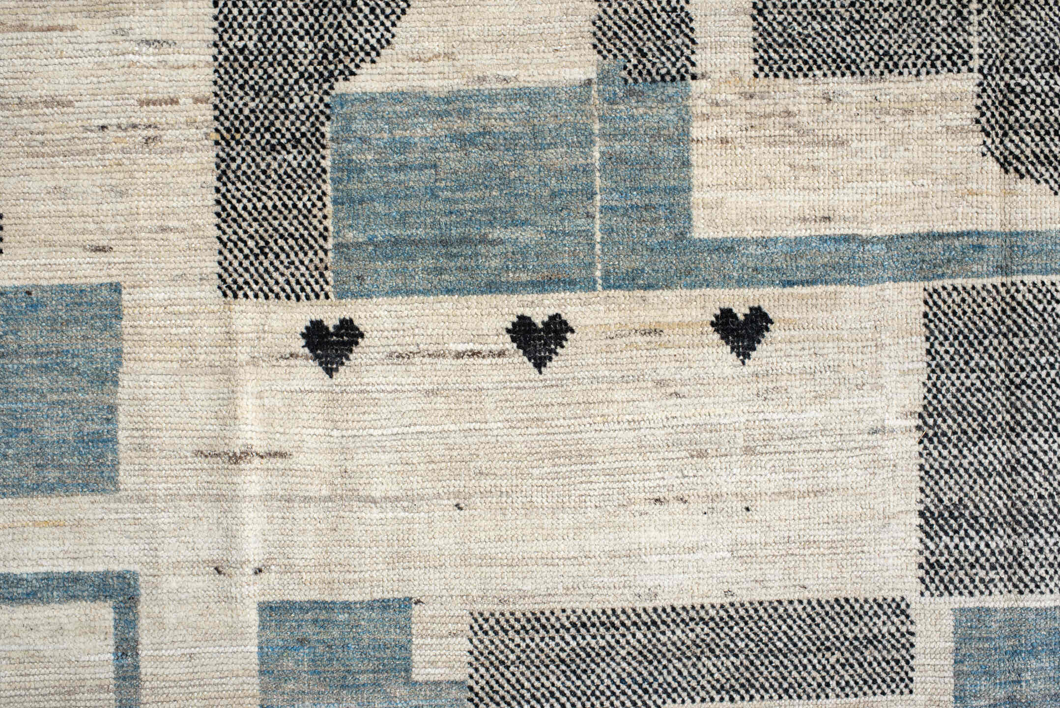 9' x 12' one-of-a-kind handmade vintage Tulu large size rug. Color palette: ivory, sky blue, charcoal, cream, slate
