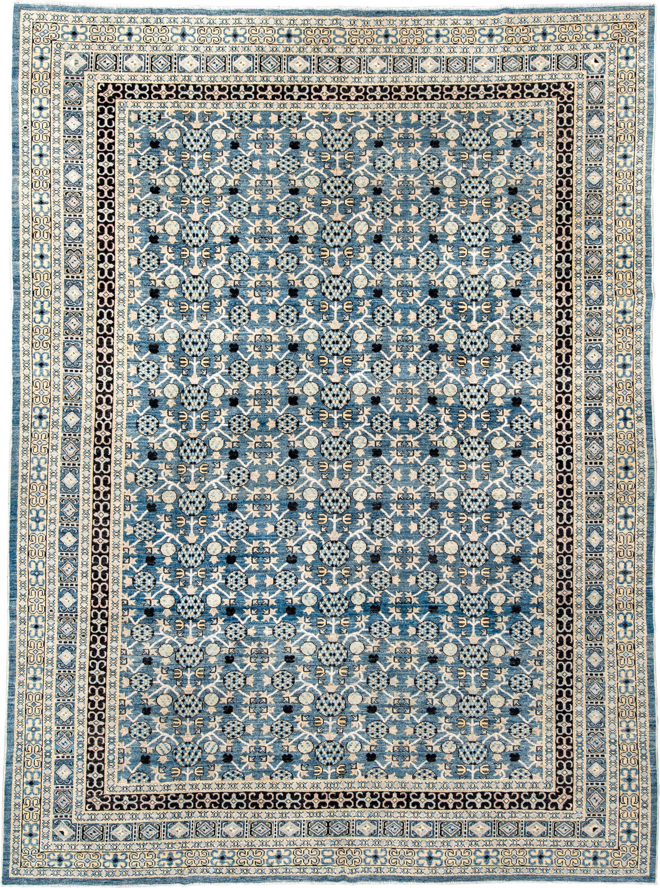 10' x 13' one-of-a-kind handmade vintage Tulu large size rug. Color palette: sky blue, ivory, navy, charcoal, cream, slate