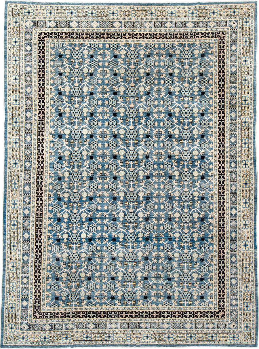 10' x 13' one-of-a-kind handmade vintage Tulu large size rug. Color palette: sky blue, ivory, navy, charcoal, cream, slate