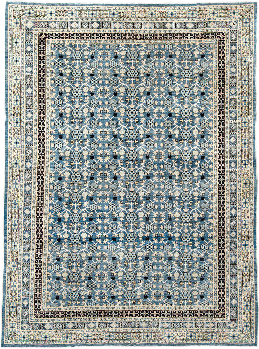 10' x 13' one-of-a-kind handmade vintage Tulu large size rug. Color palette: sky blue, ivory, navy, charcoal, cream, slate