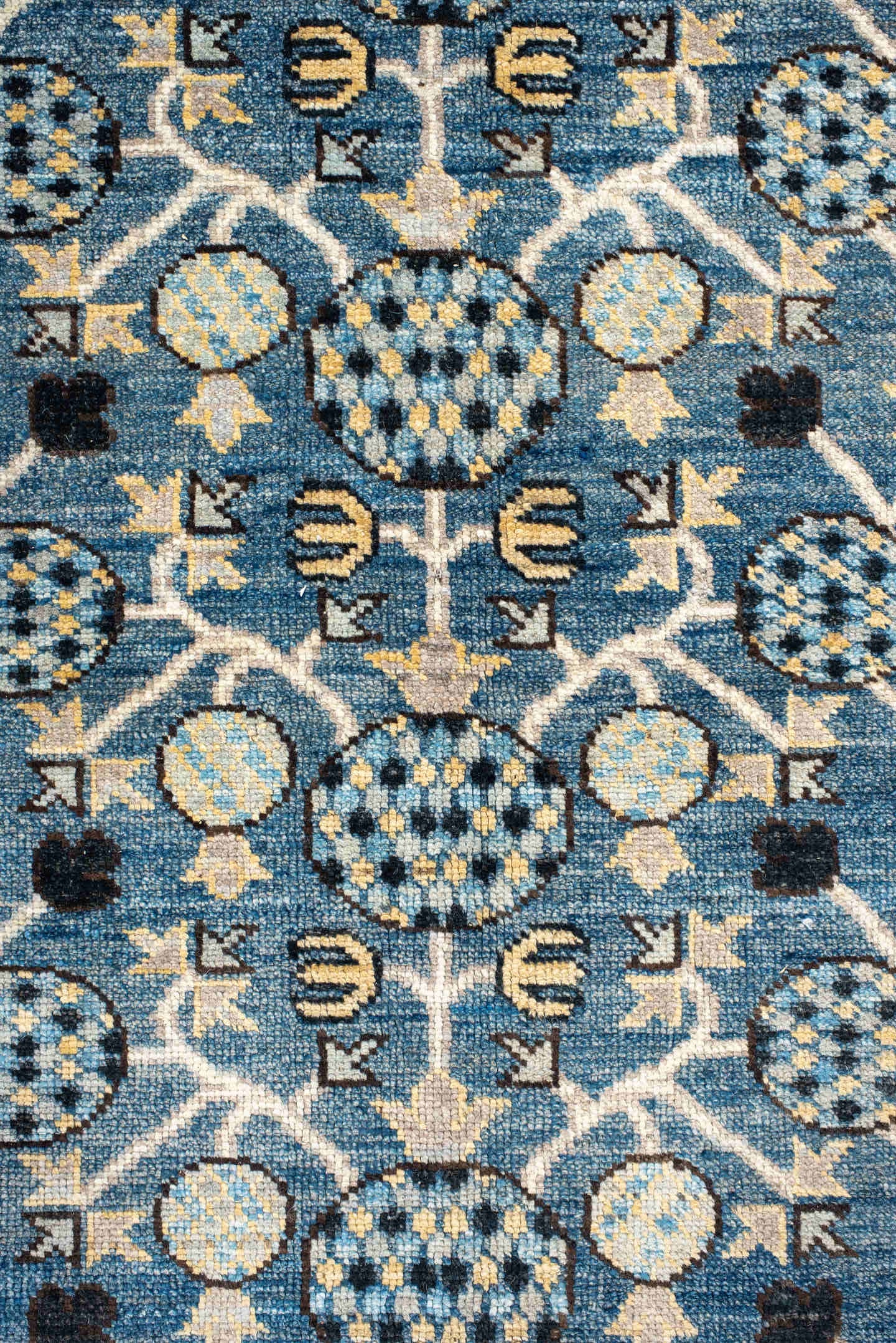 10' x 13' one-of-a-kind handmade vintage Tulu large size rug. Color palette: sky blue, ivory, navy, charcoal, cream, slate