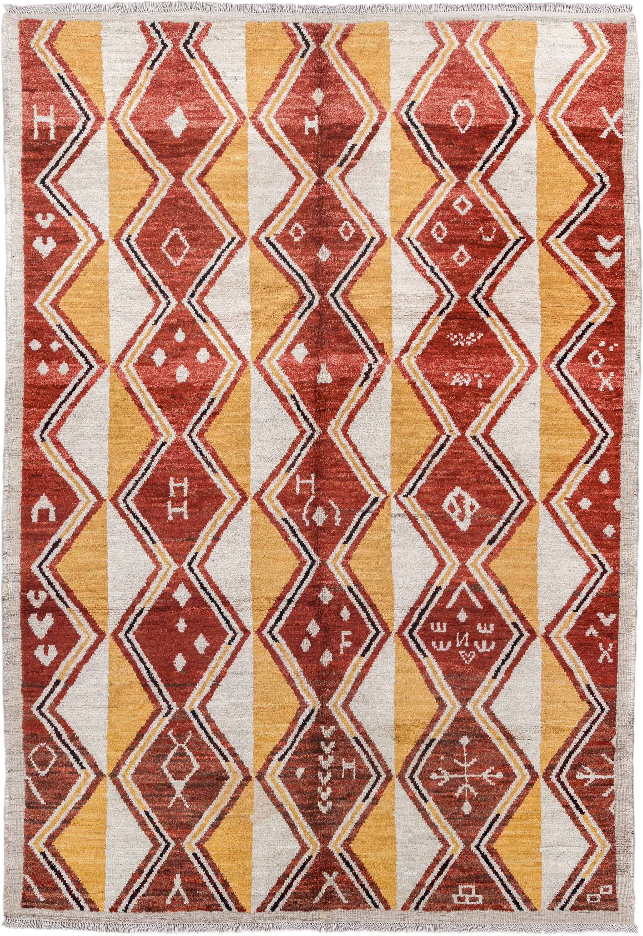 6' x 9' one-of-a-kind handmade vintage Tulu medium size rug. Color palette: rust, ivory, gold, charcoal, saffron, terracotta